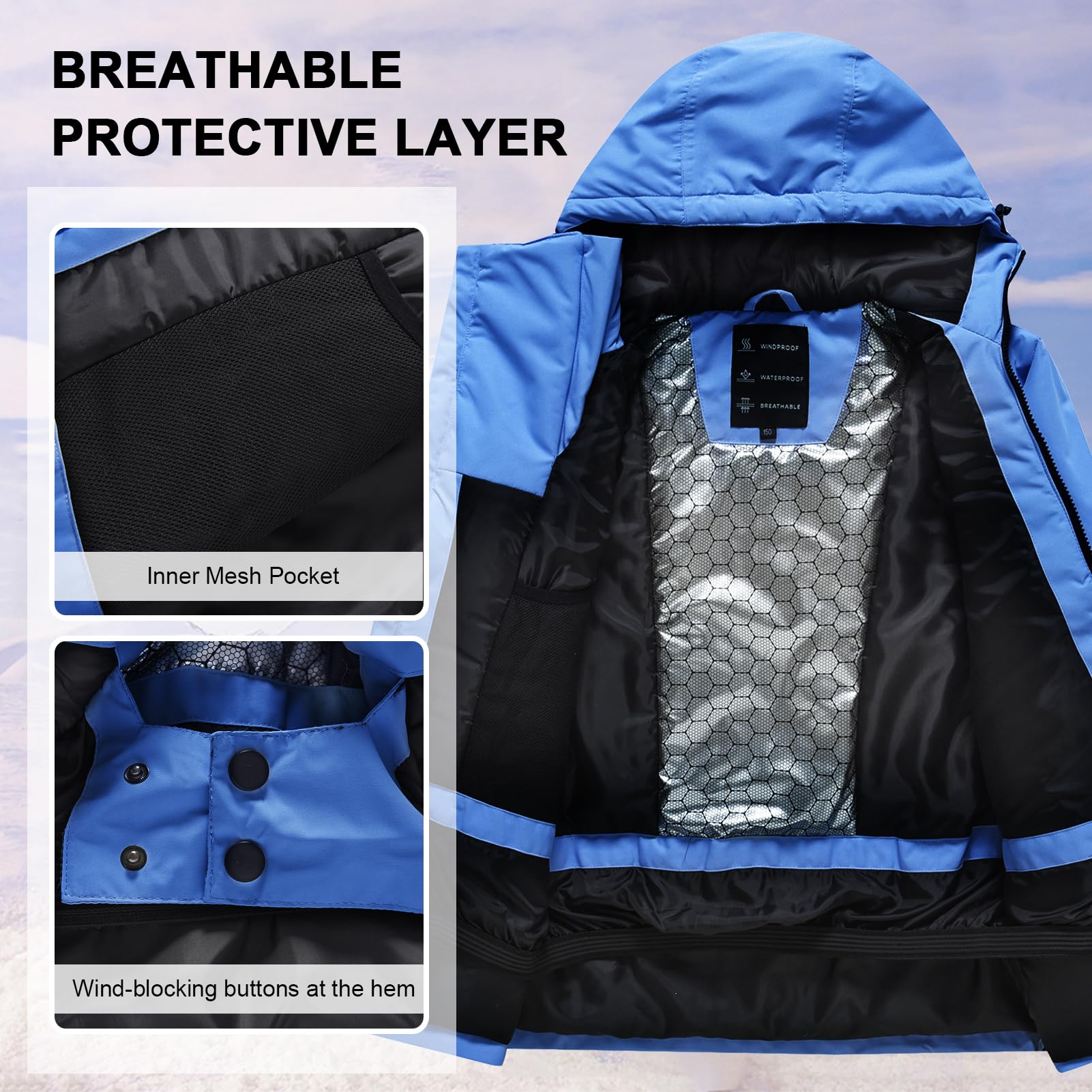 Skianzug Jungen mit Kapuze Winddicht und Wasserdichter Schneeanzug Mädchen Skianzug Zweiteilig Kinder Warme Skijacke + Skihose