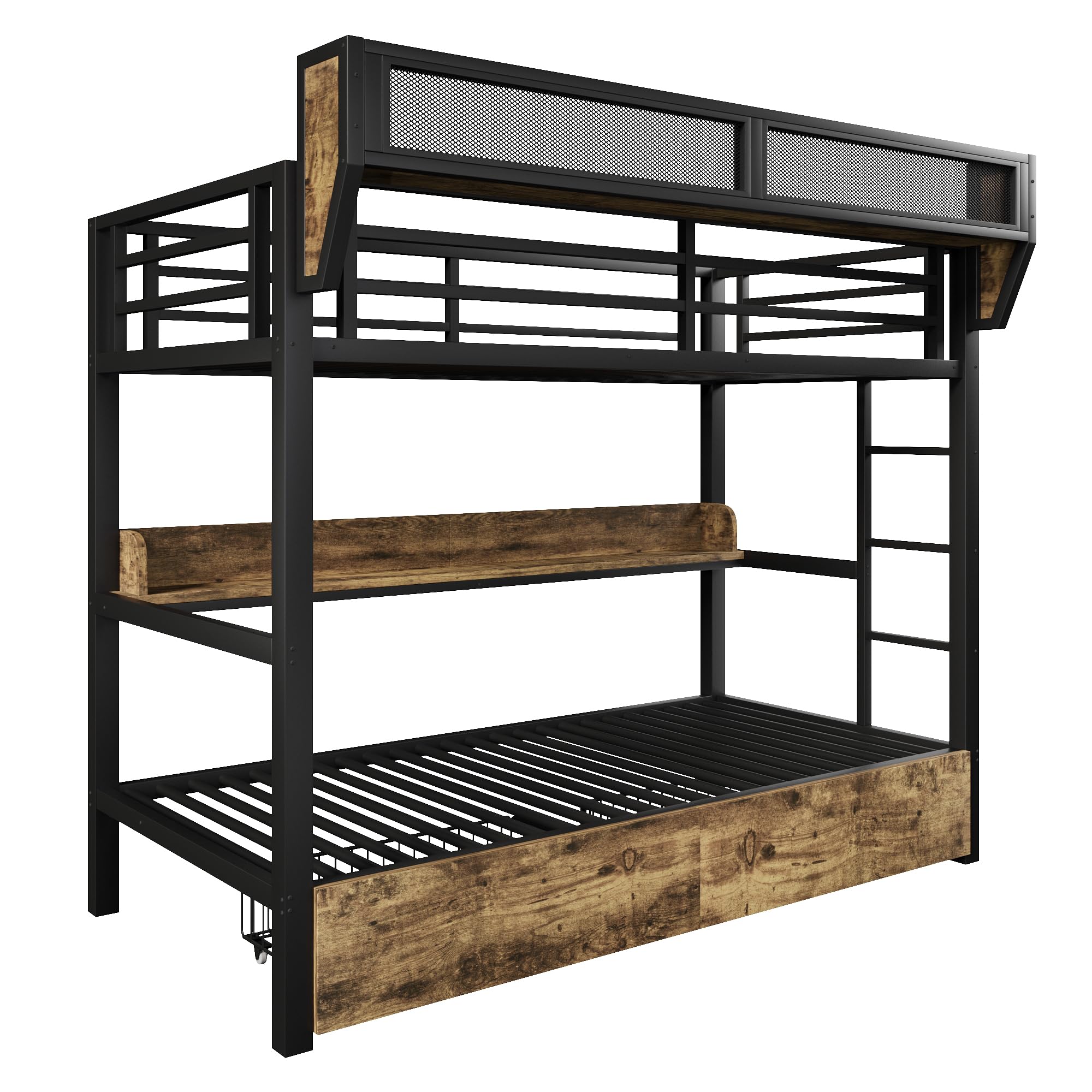 Merax Etagenbett 90x200 cm aus Metall, Kinderbett mit Stauraum & App-LED, Stockbett Metallbett mit 2 Schubladen, Aufbewahrungskorb & Ablagebord, Jugendbett mit Rausfallschutz, ohne Matratze, Schwarz