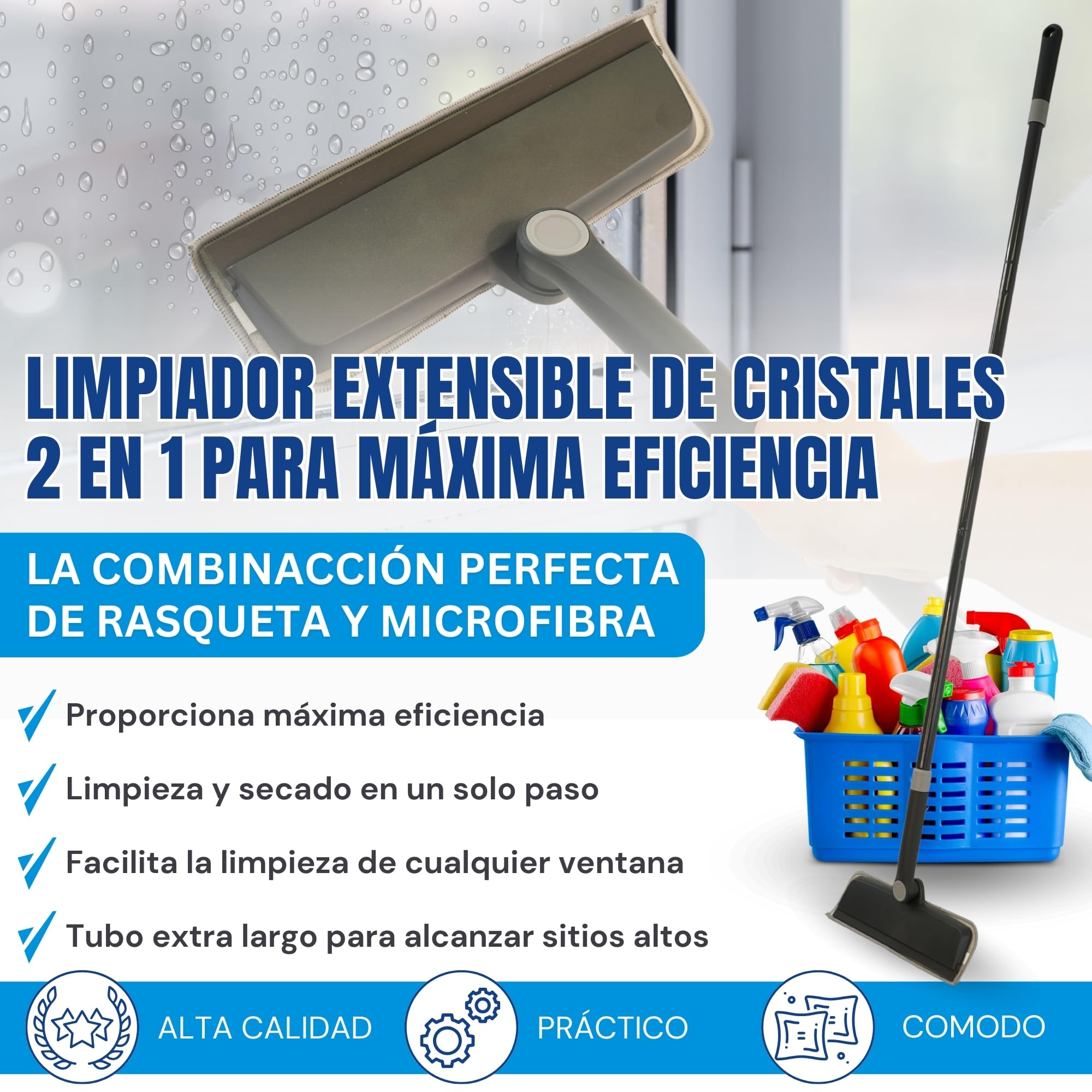 DAVAY Limpia Cristales 2 en 1 - Cabezal Giratorio 360º y Mango Desmontable - Ideal para Limpiar Cristales por Dentro y por Fuera -Limpiador Extensible 135cm de Largo - Adecuado para Vidrios y Espejos