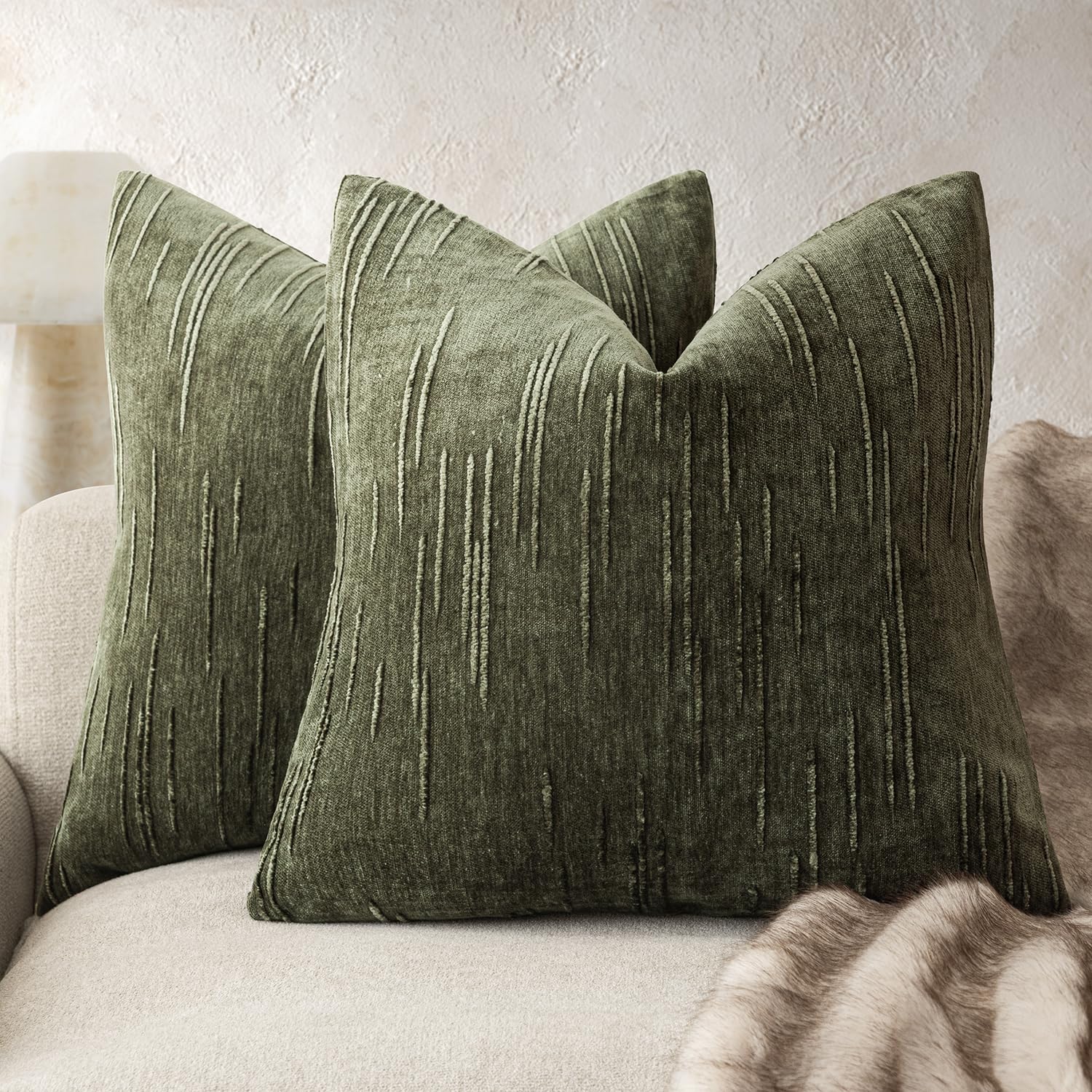 Foindtower Textured Chenille Throw Pillow Covers 22x22 Dark Olive Green