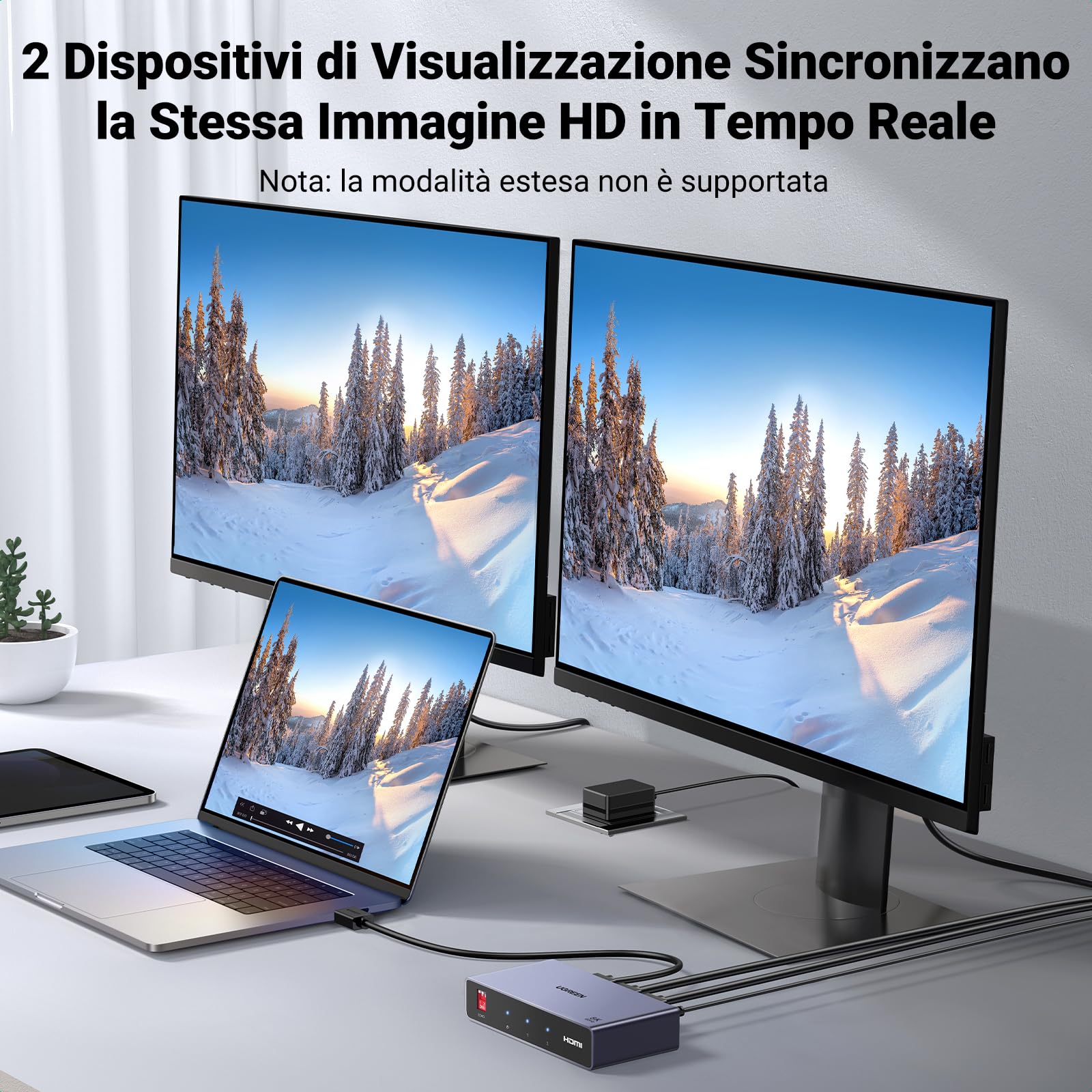 UGREEN Splitter HDMI 2.1 1 Ingresso 2 Uscita 8K@60Hz Adattatore HDCP 2.2 3D HDR EDID Commutatore per Doppio Monitor Compatibile con PS5/4 Xbox Switch TV Box Blu-Ray Player HDTV Proiettore