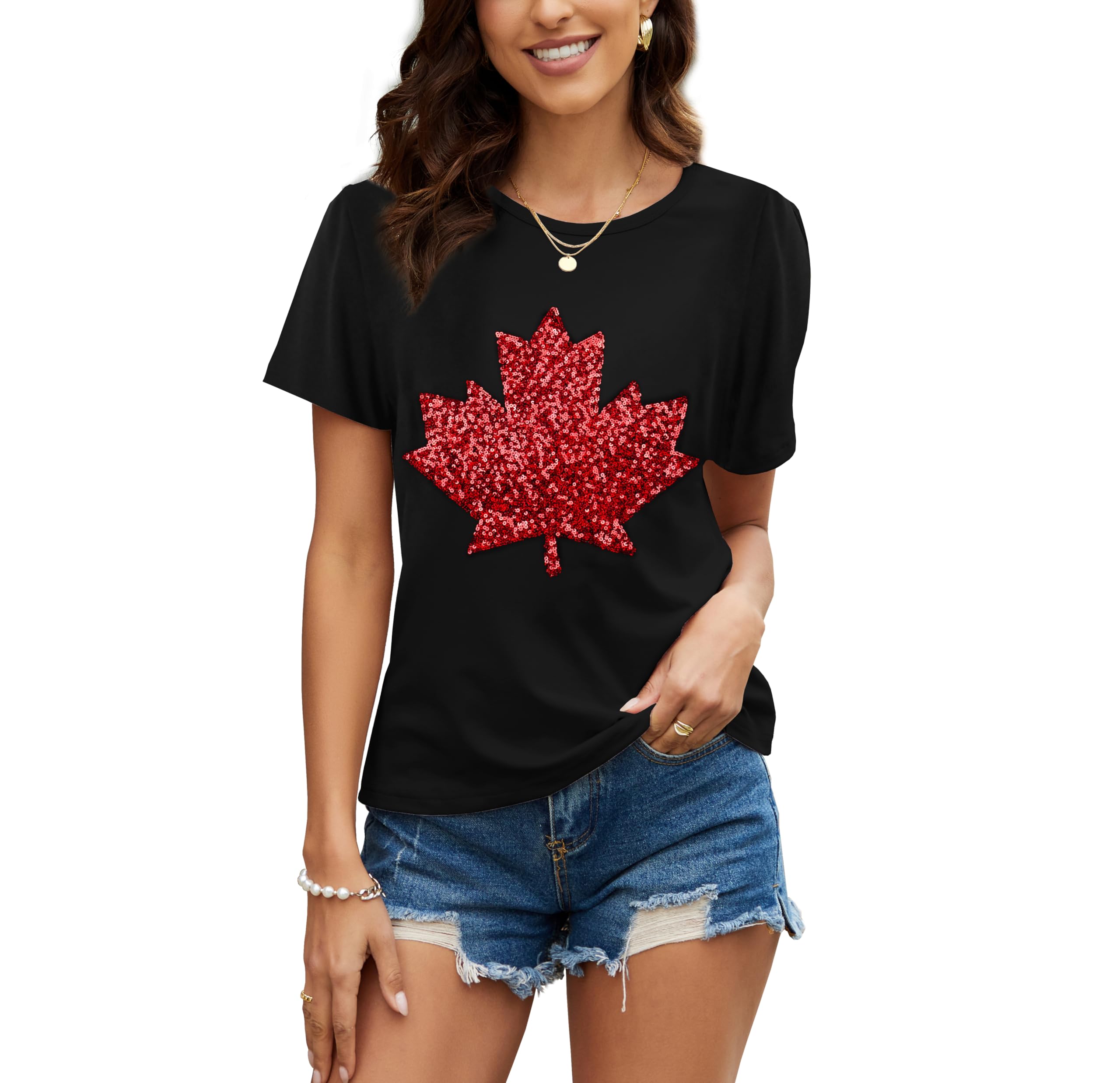 PESION Womens Short Sleeve T-Shirt Sequined Tops O-Neck Funny Graphic Tees Blouse