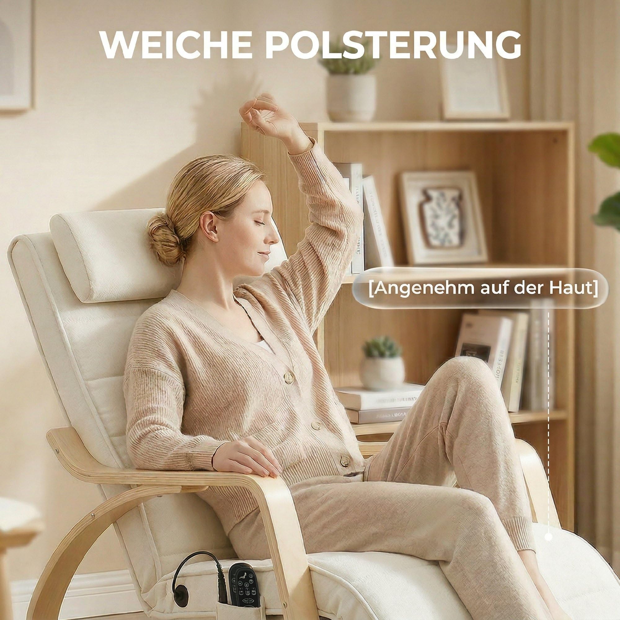 HOMCOM Schaukelstuhl Schaukelsessel mit Massagefunktion Heizung Kopfstütze 5-Fach verstellbare Fußstütze, Relaxstuhl mit Samtoptik Seitentasche, Schwingsessel für Wohnzimmer, Schlafzimmer, Cremeweiß