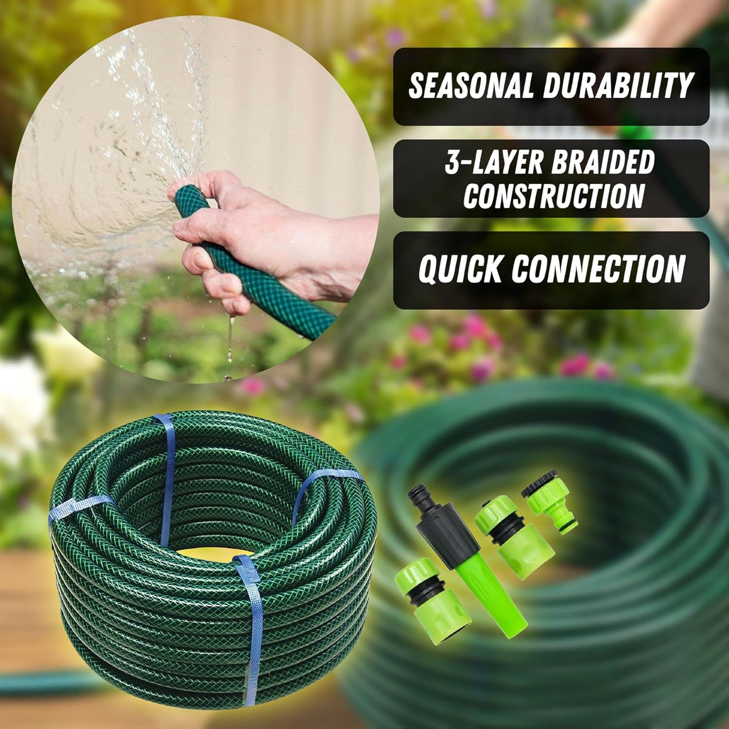 ® Reinforced Flexible Pressure Washer PVC HosePipe, 15M Garden Water Hose Pipefor Reel + Free Attachment Connectors