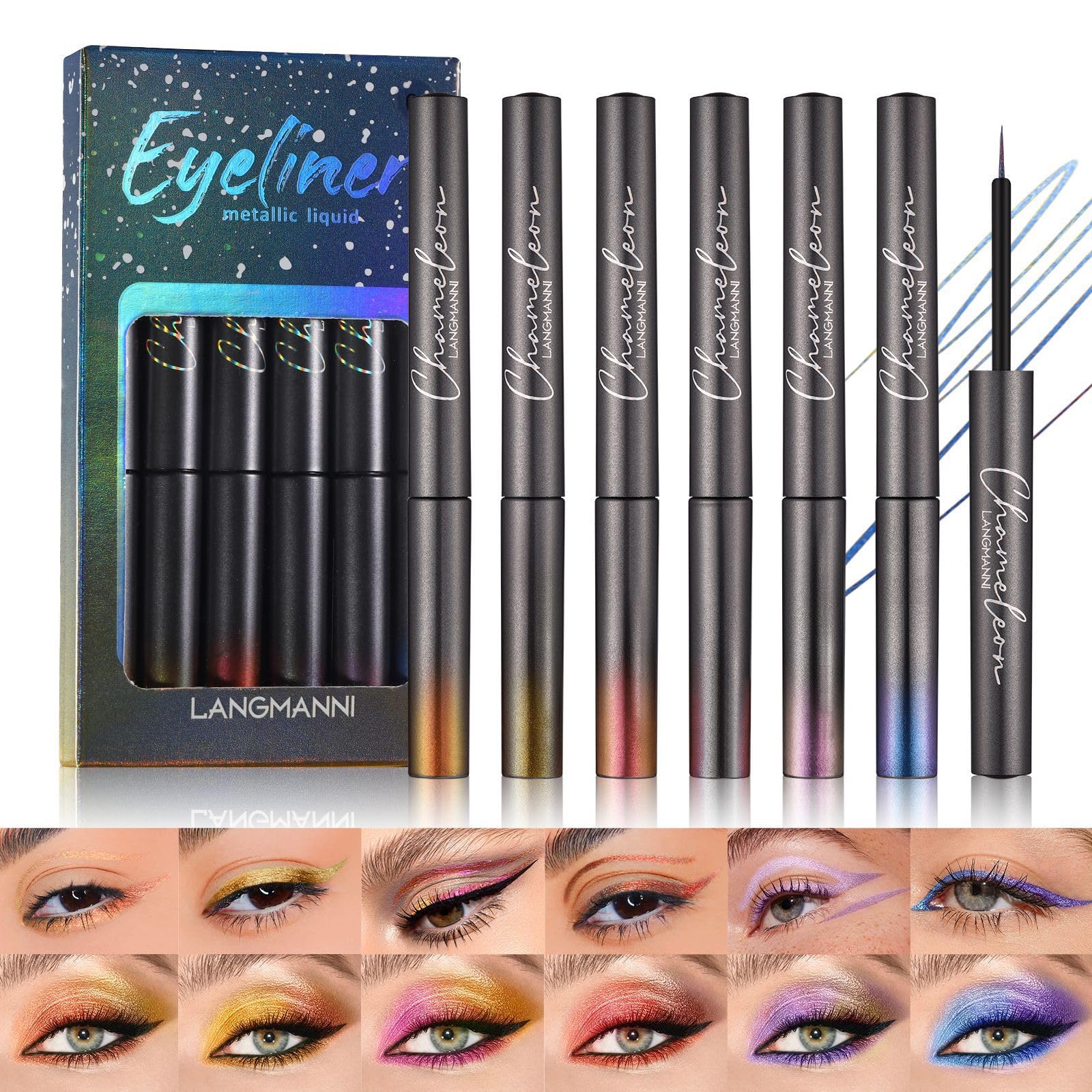 Domality 6 Colors Sunset Glitter Liquid Eyeliner Set, 6pcs Metallic Finish Eye Shadow, Quick Drying Waterproof High Pigmented Colorful Eye Makeup for Halloween, Cosplay, Masquerade Party