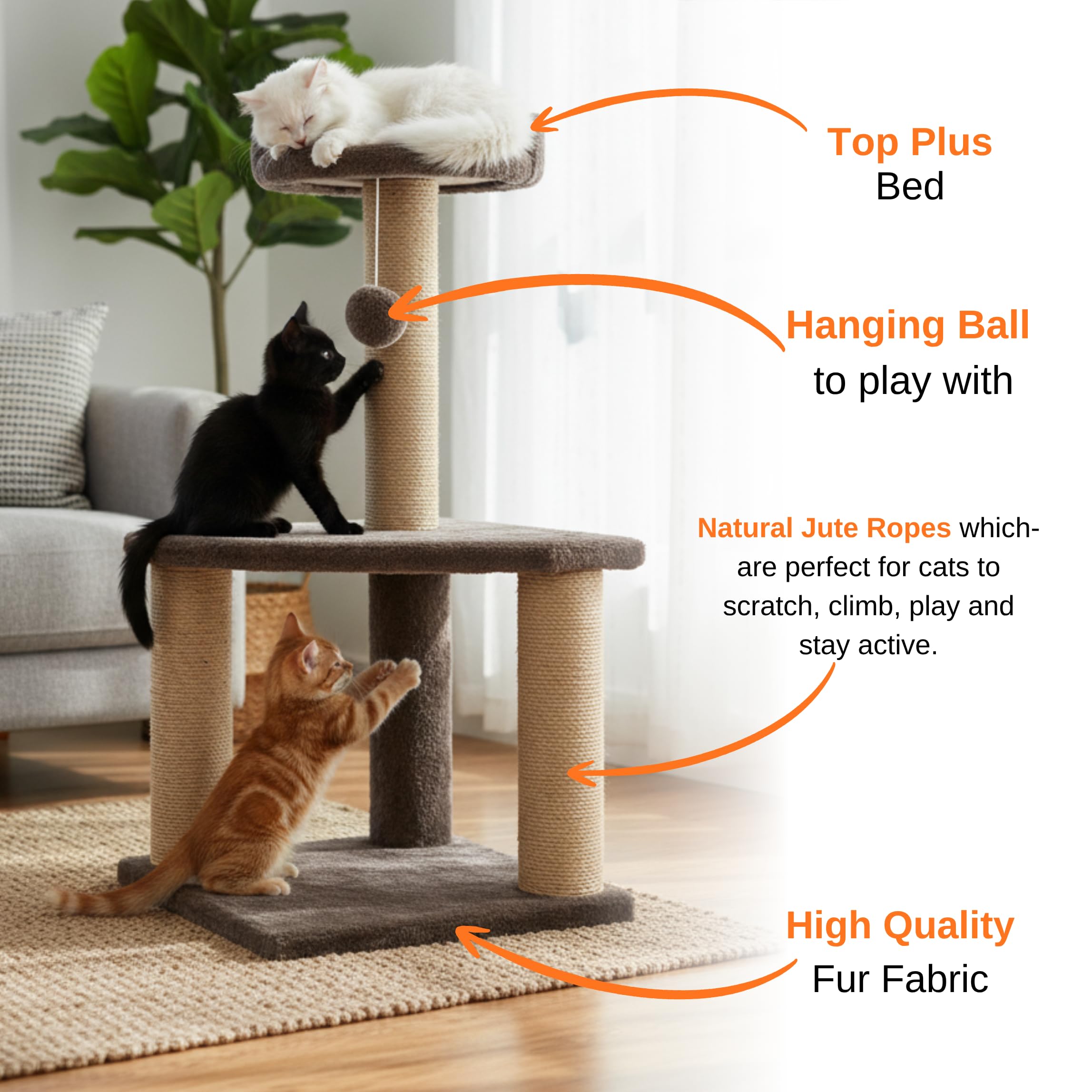 FURRLOVERS Soft Fur Activity Cat Tree for Kittens & Cats - Scratching Post, Natural Rope, Two Floor Tower, Hanging Ball (Height 32 Inch) (Brown - FURR-32) 1