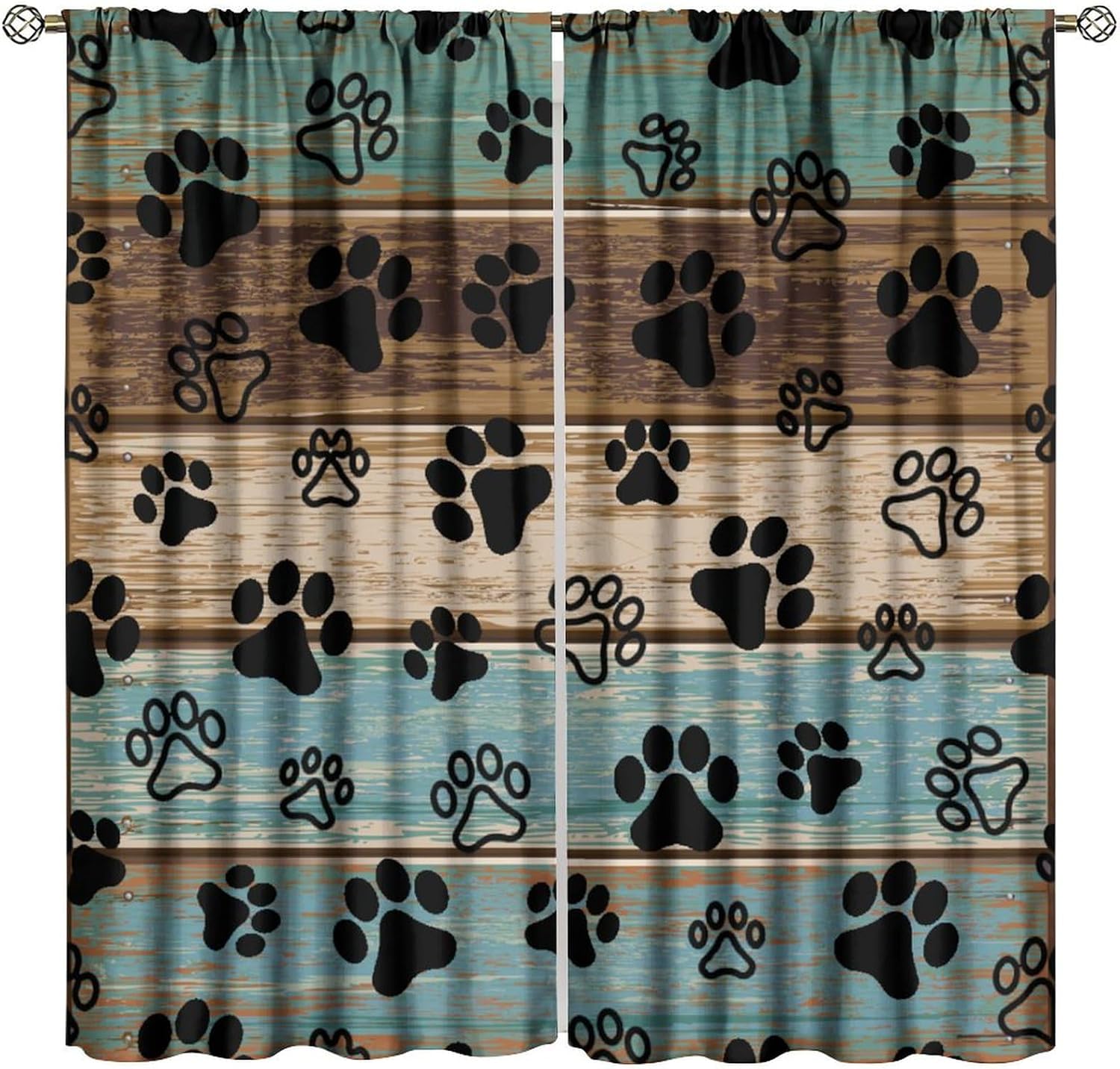 Dog Paws Prints Blackout Curtain, Rustic Turquoise Semi, Teal Wood Puppy Paws for Home Kitchen Livingroom Coffee Room Window Curtain 2Panel 42" W X 45" L