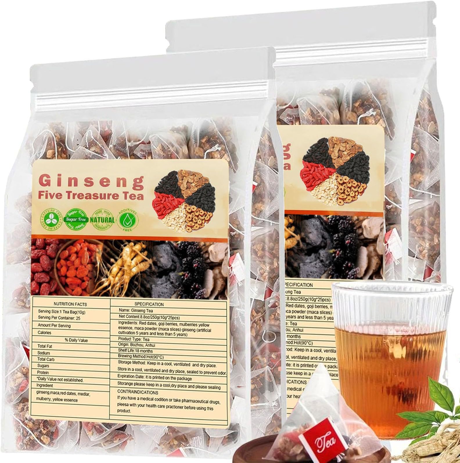 Ginseng Five Treasure Tea - Kidney Tea Wubao Tea, Kidney Tea Formula Ginseng Five Treasure Tea, Kidney Cleanse Tea Chinese Tea for Men Women (2Pack(50Bags))