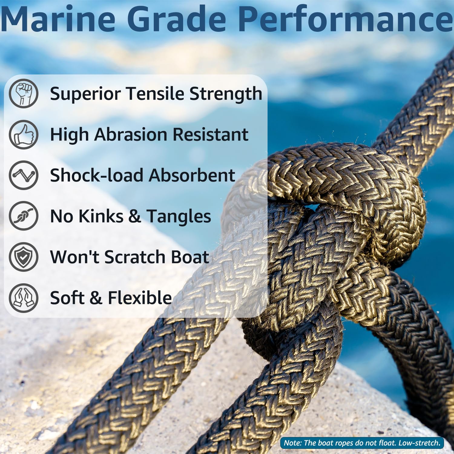 Boots-Dockleinen 1,27 cm x 4,9 m, doppelt geflochtene Nylon-Dockleinen für Boote und Pontons, Marine-Grade-Nylon-Dockleine mit einem 30,5 cm Öse, ultimatives Marine-Seil, Bootszubehör, Schwarz, 4