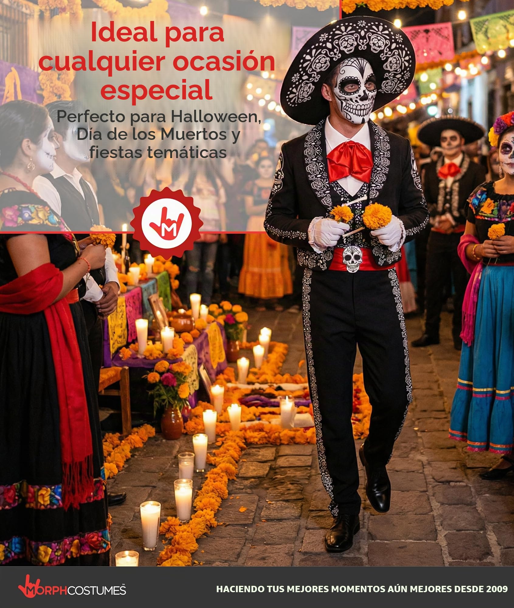 Morph Disfraz Catrina Mariachi Hombre Día Muertos Esqueleto Chaqueta Chaleco Pantalón Sombrero Máscara Calavera