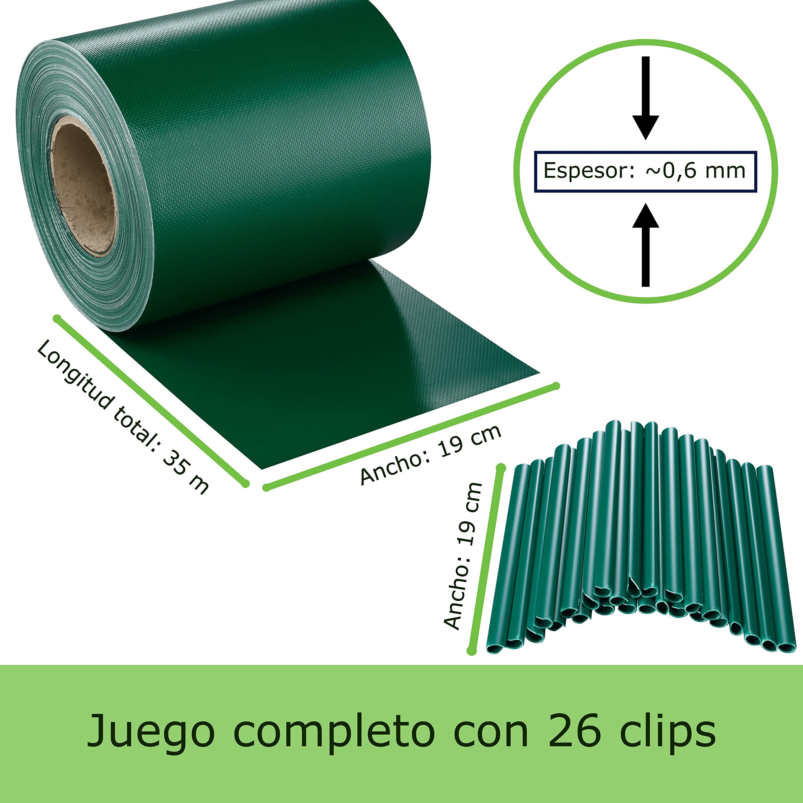 Workinghouse PVC pantalla de privacidad tiras para valla de doble piquete - 650g 35m x 19cm - valla de privacidad valla de jardín pantalla de privacidad película de valla - incl. 26 clips (Verde)