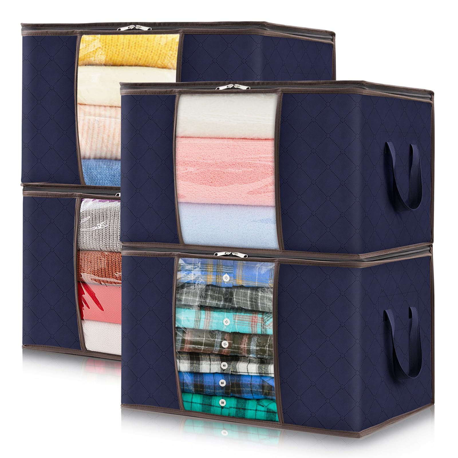 Lifewit50L Clothes Storage Boxes, Storage Bags Moving Boxes Wardrobe Storage Organiser with Reinforced Handle Sturdy Fabric Clear Window for Clothing Bedding Sweater T-Shirt, 4 Pack, Dark Blue