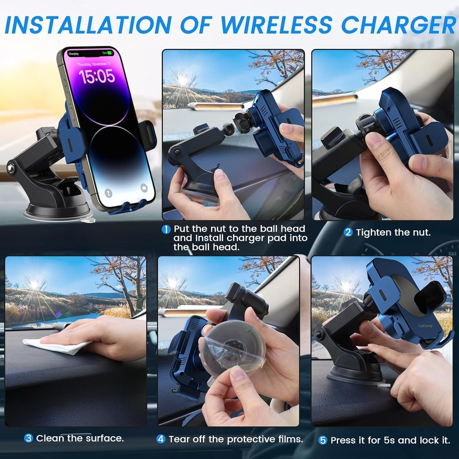 Kabelloses Kfz-Ladegerät, Schnellladung, 15 W, Auto-Klemmung, Kfz-Ladegerät, Handyhalterung, Handyhalterung für iPhone 17, 16, 15, 14, 13, 12, 11 Pro Max Xs, Samsung Galaxy S24 Ultra S23, S22, S21