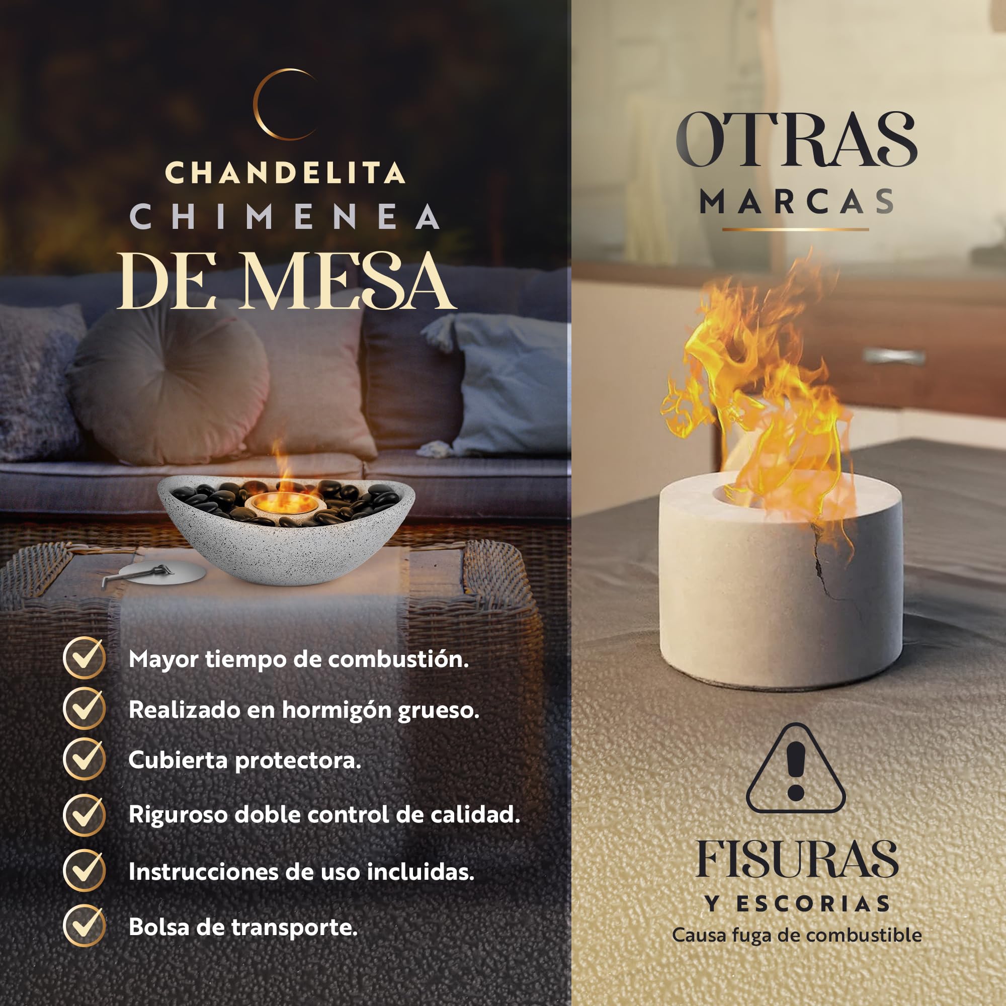 Chimenea Bioetanol para Mesa Ovalada Gris - 28 x 19 x 8 cm con Bolsa y Piedras Decorativas - Estufa Interior