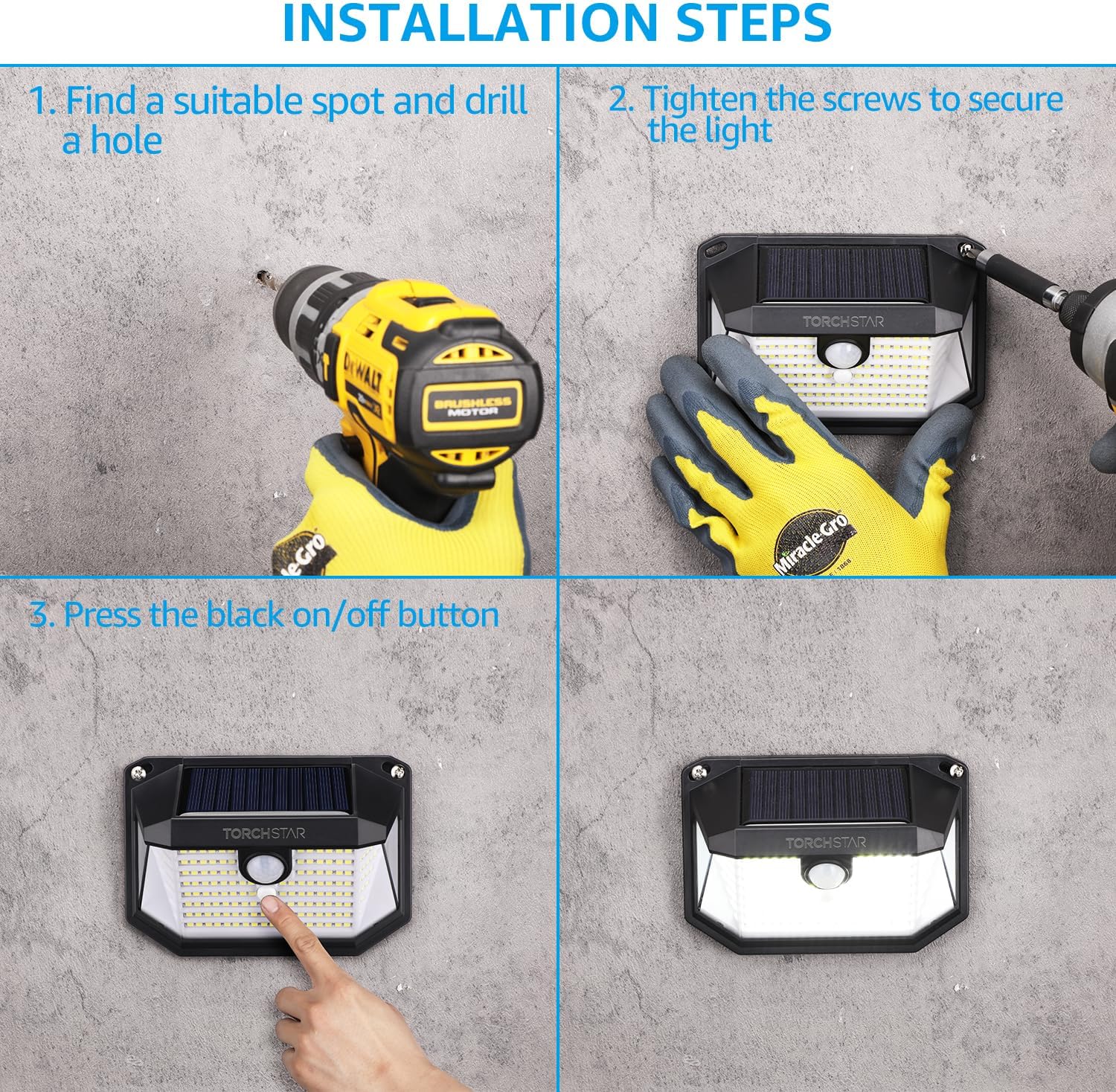 Four panel image illustrating the installation steps for the solar light. Panel 1: Drilling a hole. Panel 2: Tightening screws to secure the light. Panel 3: Pressing the black on/off button. Panel 4: The light is installed and illuminated.