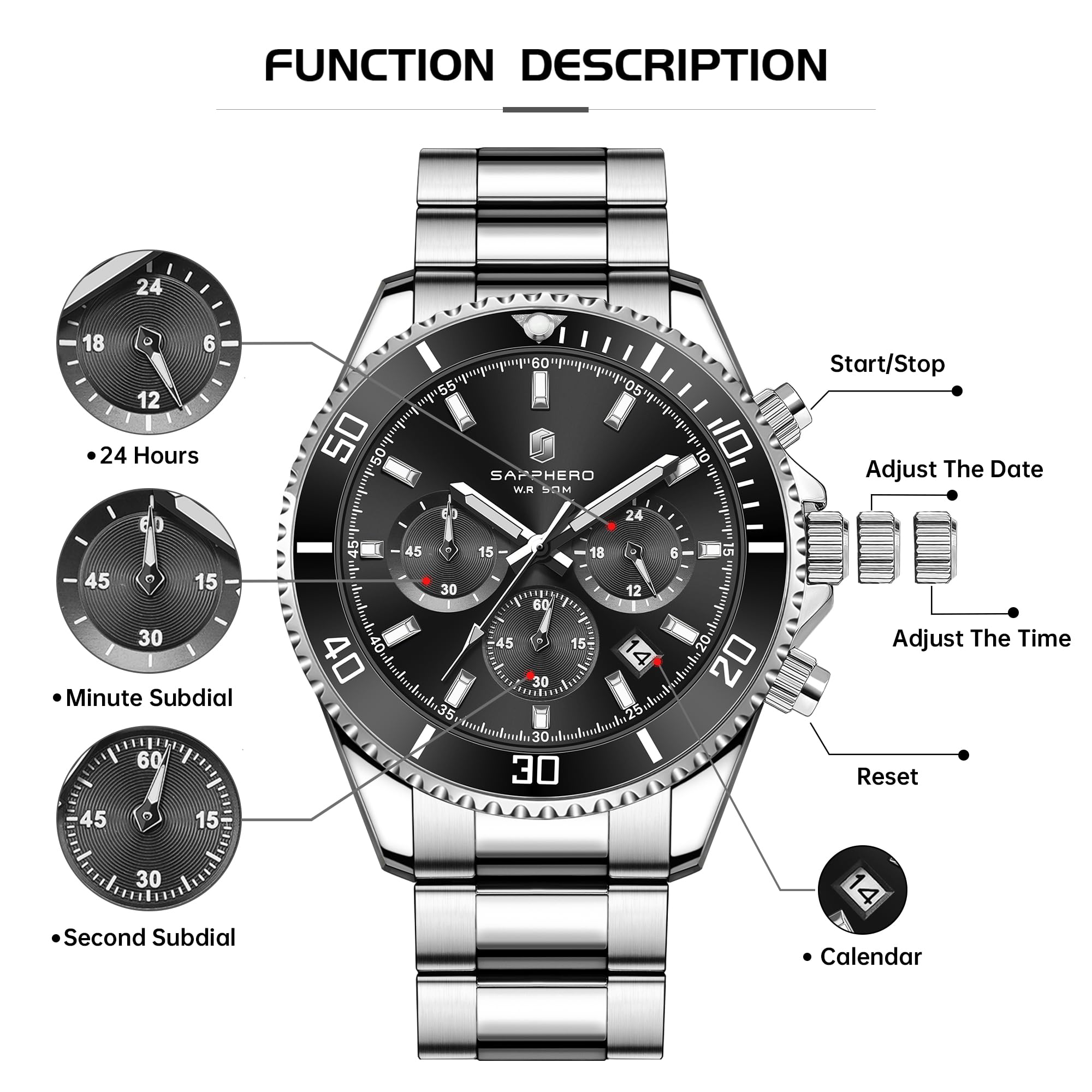 SAPPHERO Uhren Herren Chronograph Analog Quarz 50M Wasserdicht Armbanduhr Herren Mode Lässig Business Herrenuhren mit Kalender Edelstahlarmband Uhr Geschenk für Männer