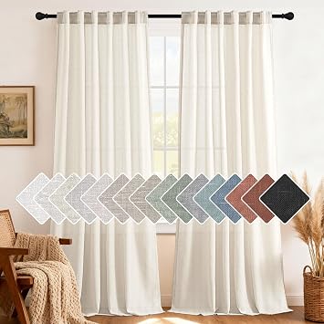 H.VERSAILTEX Natural Linen Curtains 96 inches Long for Living Room 2 Panels Back Tab Loop Pocket Textured Light Filtering Semi Sheer Rustic Farmhouse Boho Curtain for Bedroom, Ivory