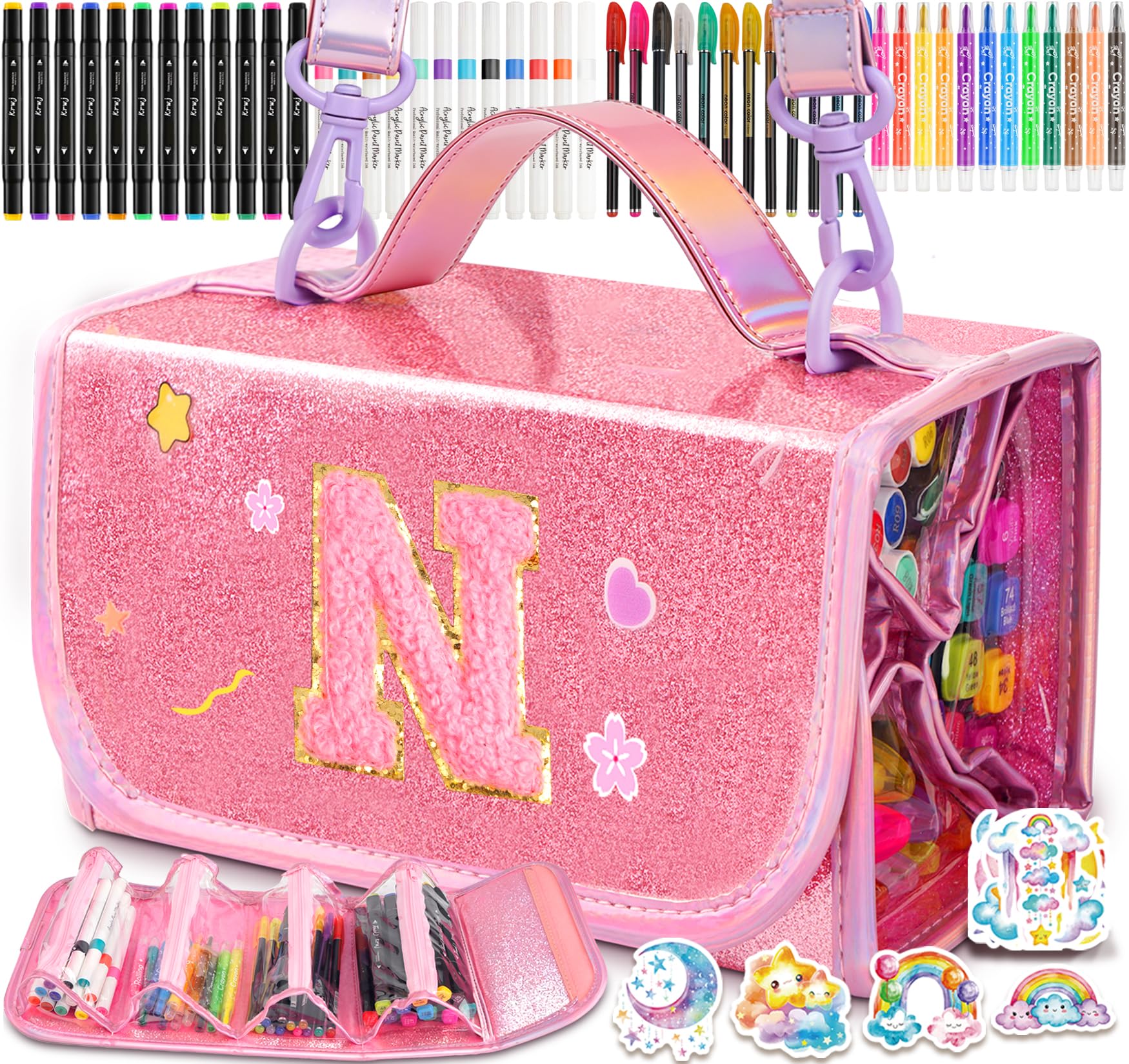 SHXWELL 69 PCS Initial Washable Scented Markers Set with Glitte Pencil Case Shoulder Strap, Personalized Art Supplies and Crafts for Kids Ages 4-6-8, Birthday Gifts for Girls Coloring Markers Set (N)