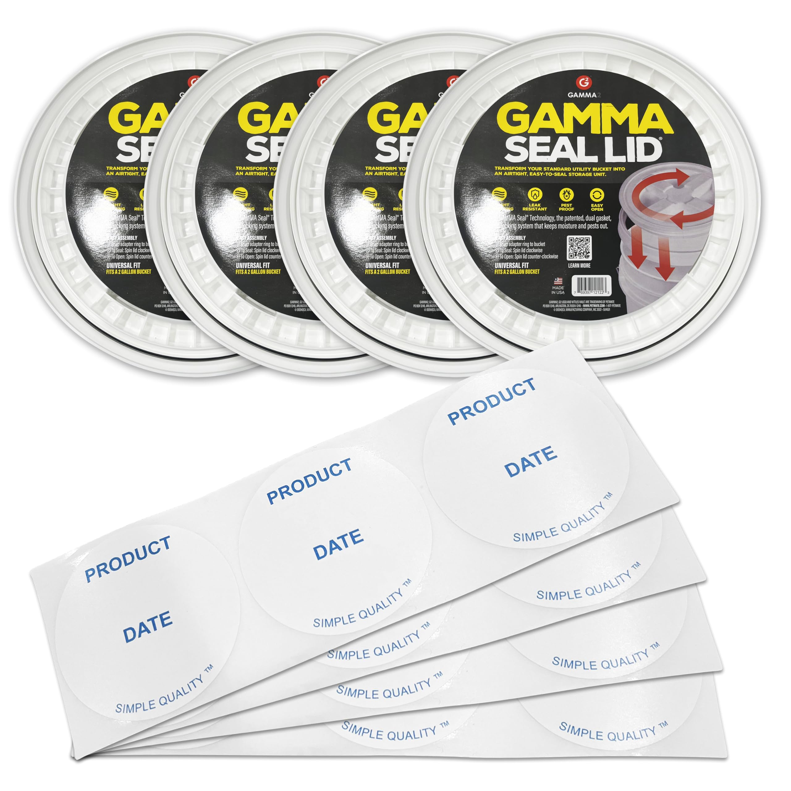 Removable Product Date Stickers Set of 12 Bundle With GAMMA2 Gamma Seal Lids for 2 Gallon Bucket Set of 4
