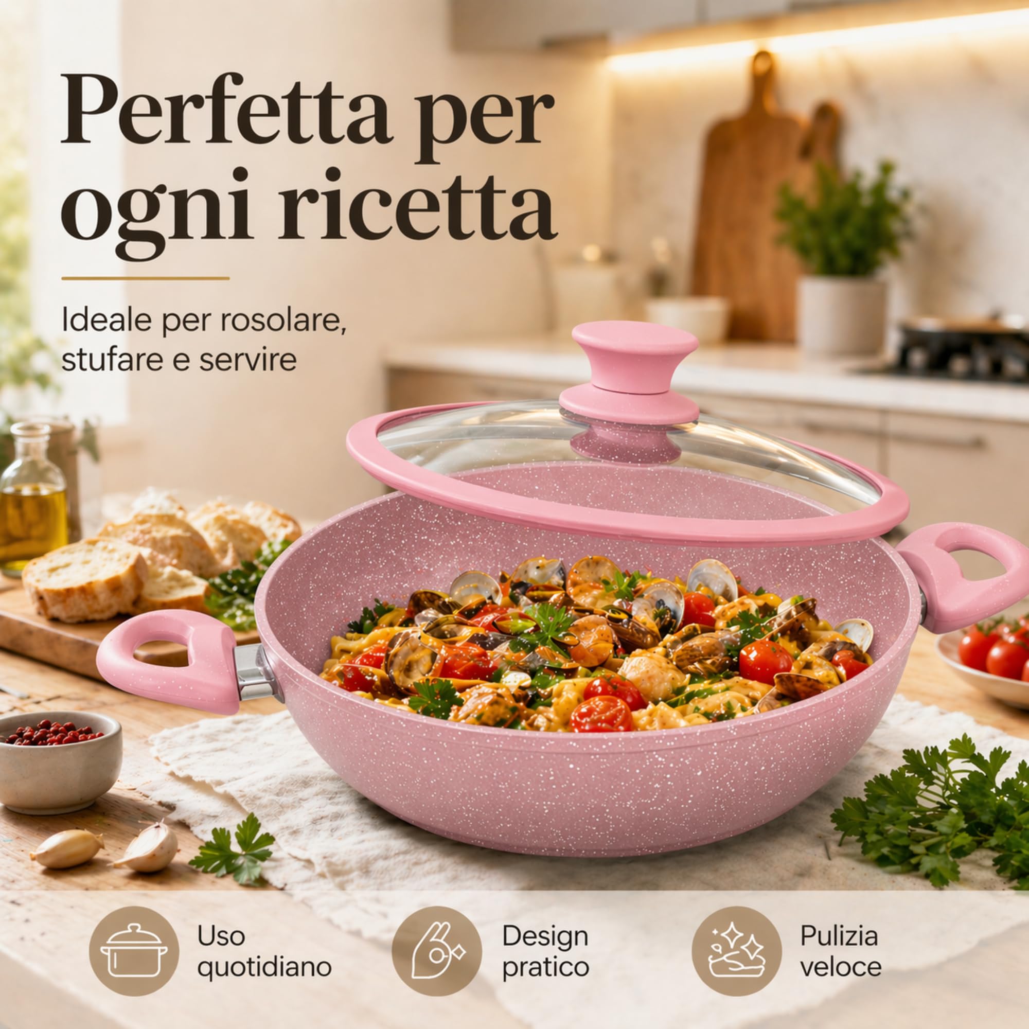 VKZ Set Pentole e Padelle 3 Pezzi, 3 Padelle Antiaderenti con 3 Coperchi in Vetro + 1 Utensili da Cucina, Rivestimento Antiaderente, Manici Ergonomici, Adatte a Gas e Induzione(rosa)