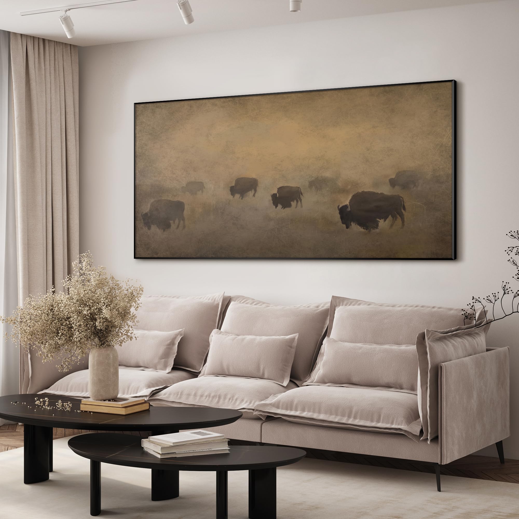 36"x72" xl framed wall art - buffalo herd in hazy landscape rustic western (frame assembly required)