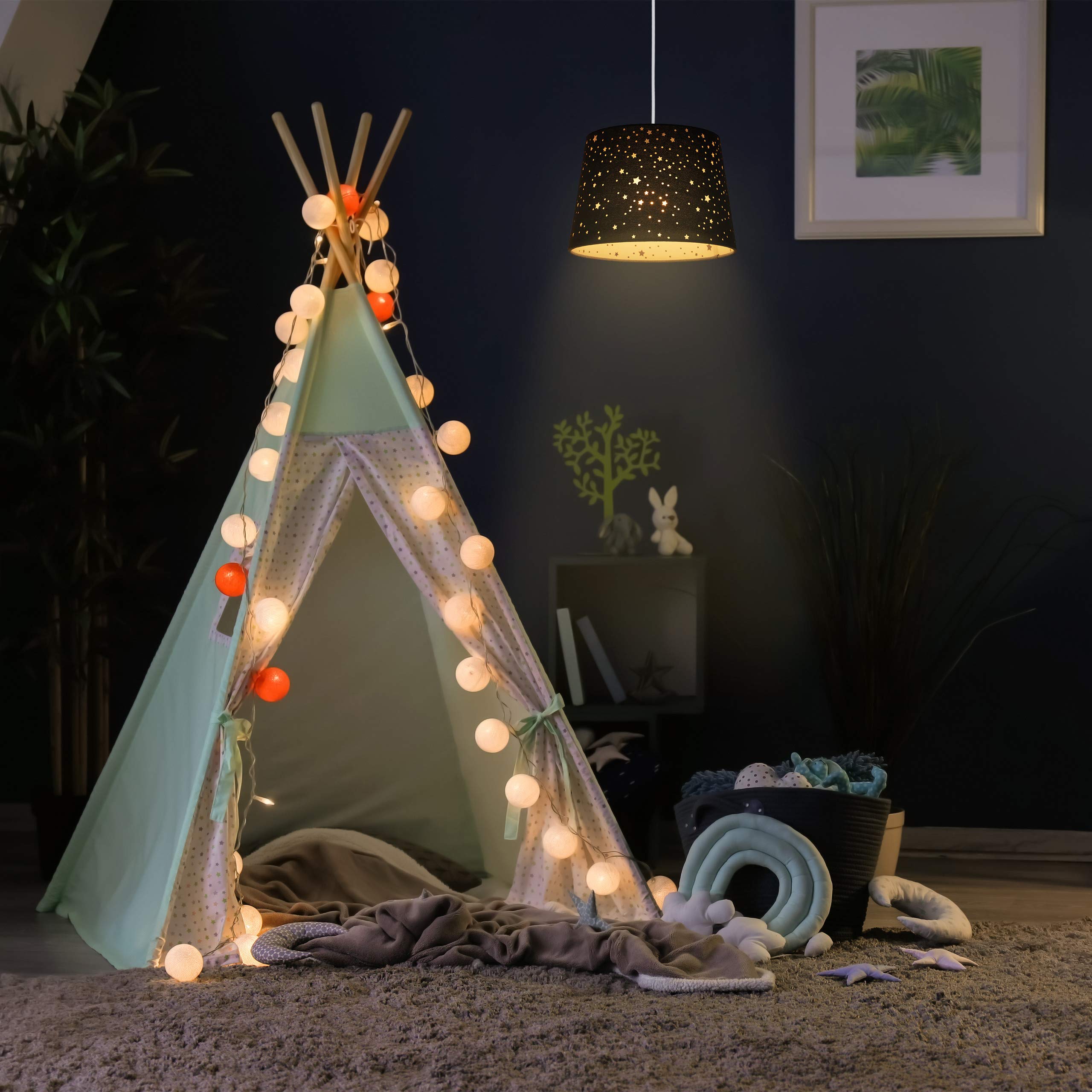 Relaxdays Lámpara de techo infantil, Estrellas, Iluminación colgante para niños, Pantalla redonda, Rosa