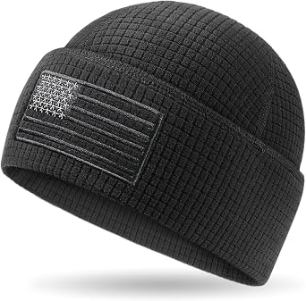 OUTDOOR SHAPING Grid Fleece Cuffed Beanie with American Flag Embroidery Leather, Waffle Tactical Army Police Skull Cap