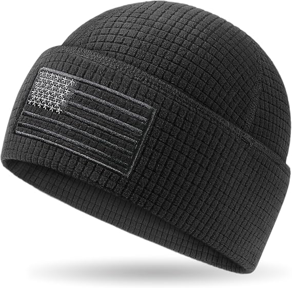 OUTDOOR SHAPING Grid Fleece Cuffed Beanie with American Flag Embroidery Leather, Waffle Tactical Army Police Skull Cap