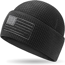 OUTDOOR SHAPING Grid Fleece Cuffed Beanie with American Flag Embroidery Leather, Waffle Tactical Army Police Skull Cap