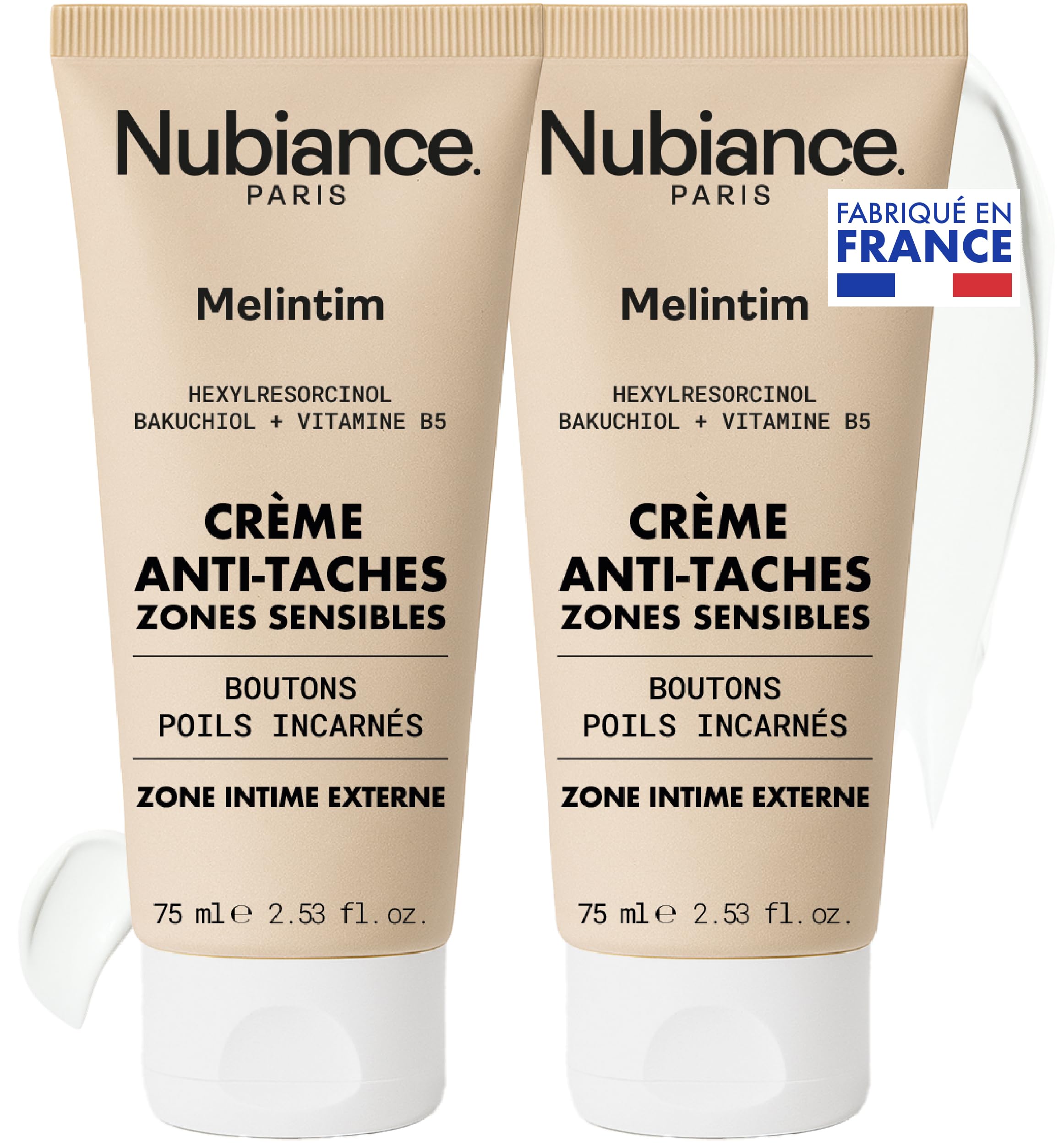 NUBIANCE - Melintim - Soin Ciblé pour Zones Intimes - Éclaircissant Anti-Taches - Apaisement Post-Épilation/Rasage - Lutte contre Poils Incarnés - Crème pour Peau Sensible, 2x75ml