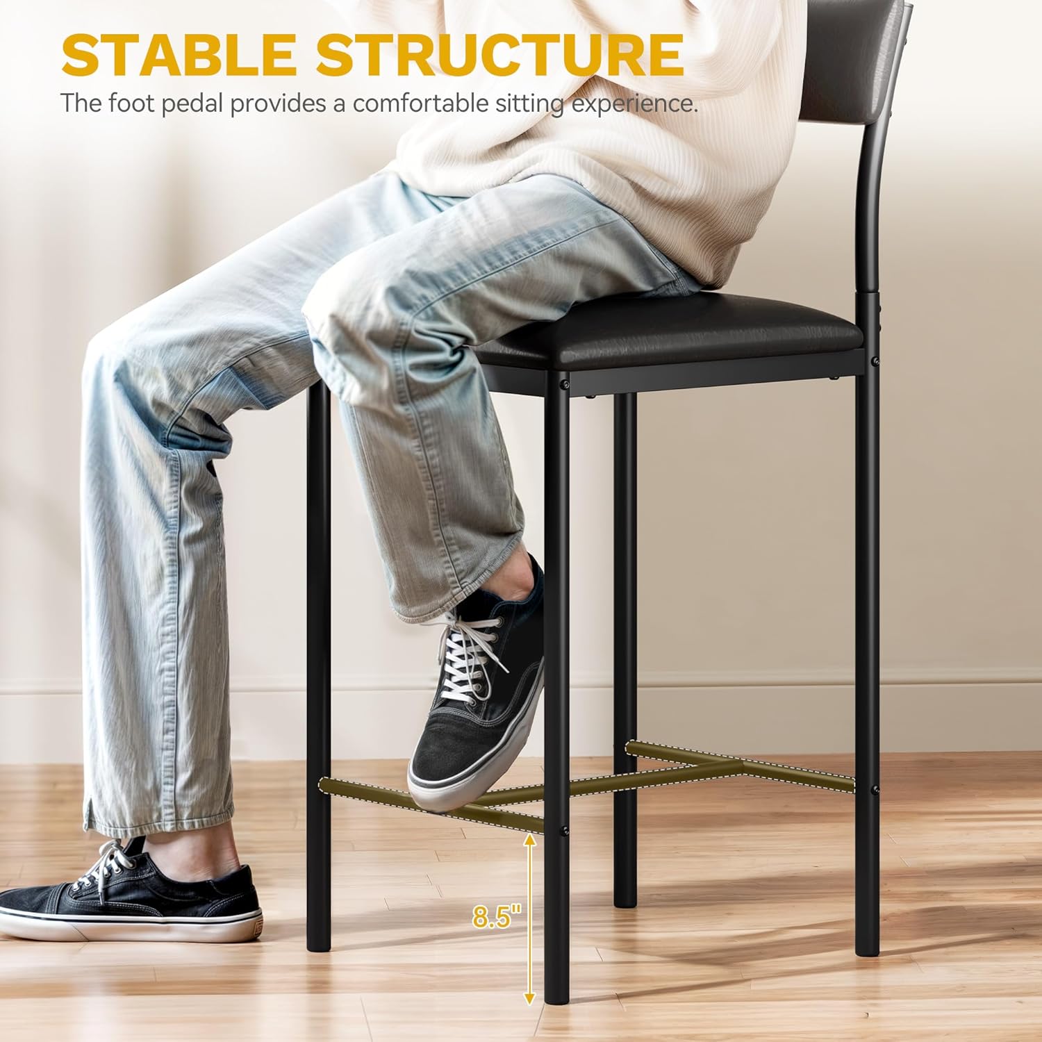 DWVO Bar Stools Set of 2 Bar Chair with Back Kitchen Island Stools with Footrest 26.18" Breakfast Bar Stools with Thick Cushion Upholstered Counter Height Barstools for Dining Room Kitchen Bar Black