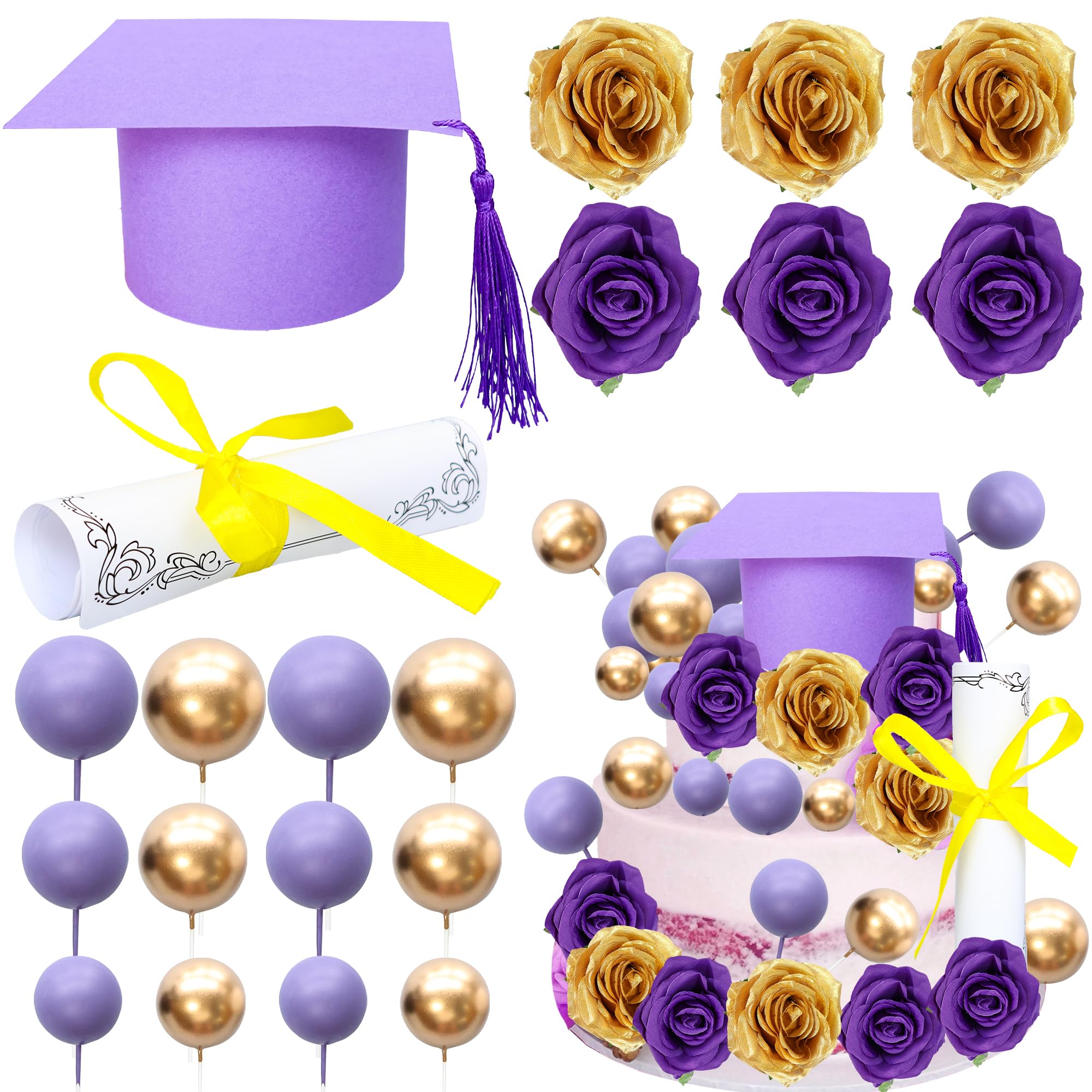 Gyufise 40Pcs 2025 Graduation Cake Topper Decoration Diploma Done Diploma Grad Cap Cake Pick Balloon Flower Prom 2025 Cake Decorations for Class of 2025 Congrats Grad Party Supplies Purple
