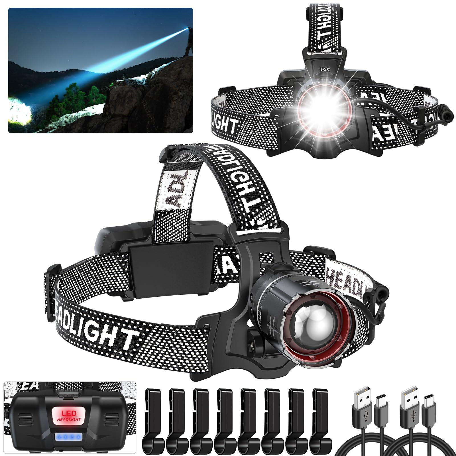 ATDOALL Proiettore LED super luminoso, confezione da 2, 100000 lumen, ricaricabile, con sensore di movimento, 5 modalità, impermeabilità IPX5, regolabile a 90°, zoomabile, per campeggio, caccia,