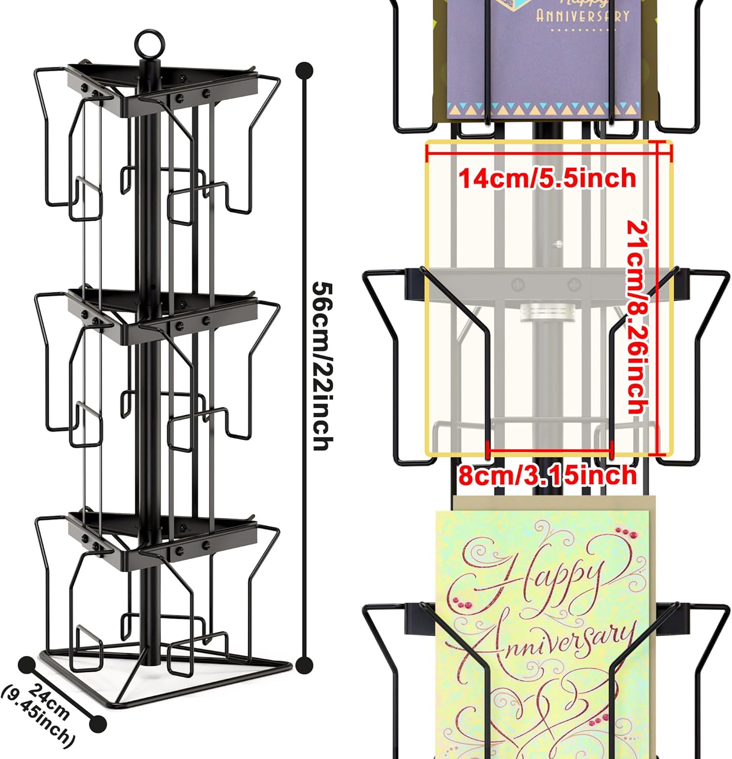 Greeting Card Rack Display Stand, 3 Tier Rotating Card Holder Display Retail, 9 Pocket Metal Postcard Holder Display Stand, Greeting Card Holder for Postcards, Brochures, Stickers, A5 Paper, Black