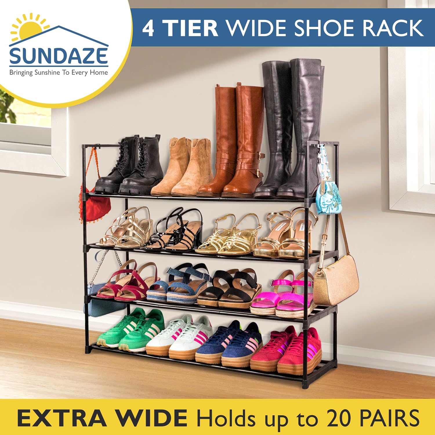 Sundaze Shoe Rack, 4 Tier Metal Shoe Rack for Front Door Entrance