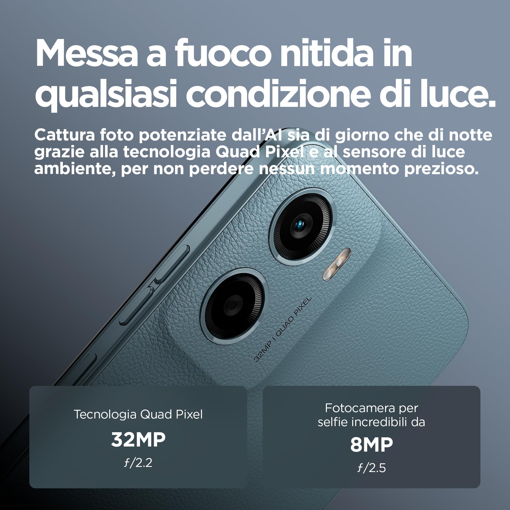 Motorola moto e15 (2/64GB, Fotocamera da 32MP + sensore antisfarfallio, Display 6.67" HD+ 90Hz Corning® Gorilla® Glass 3, 5200mAh, MediaTek Helio G81 Extreme, Android 14 Go Edition), Misty Blue