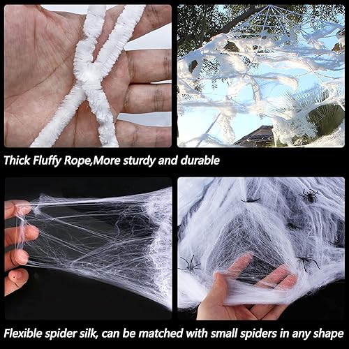 Miniatura 5 de Decoraciones de Halloween para exterior, decoración de telaraña de 295 pulgadas, araña grande de 59 pulgadas, 100 arañas pequeñas, telarañas
