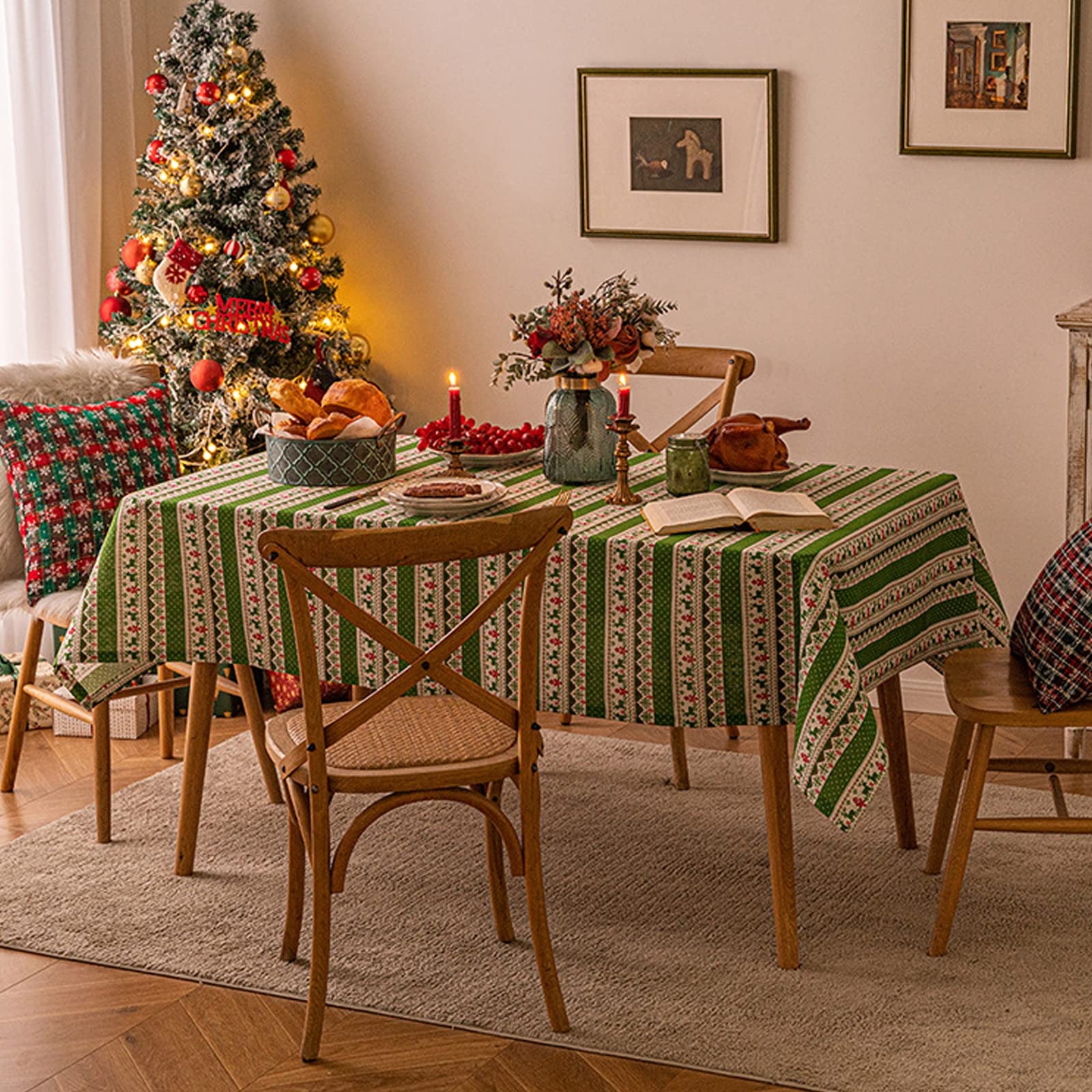 Nappe infroissable avec coutures jacquard pour cuisine, salle à manger, fête de Noël – 140 x 241 cm