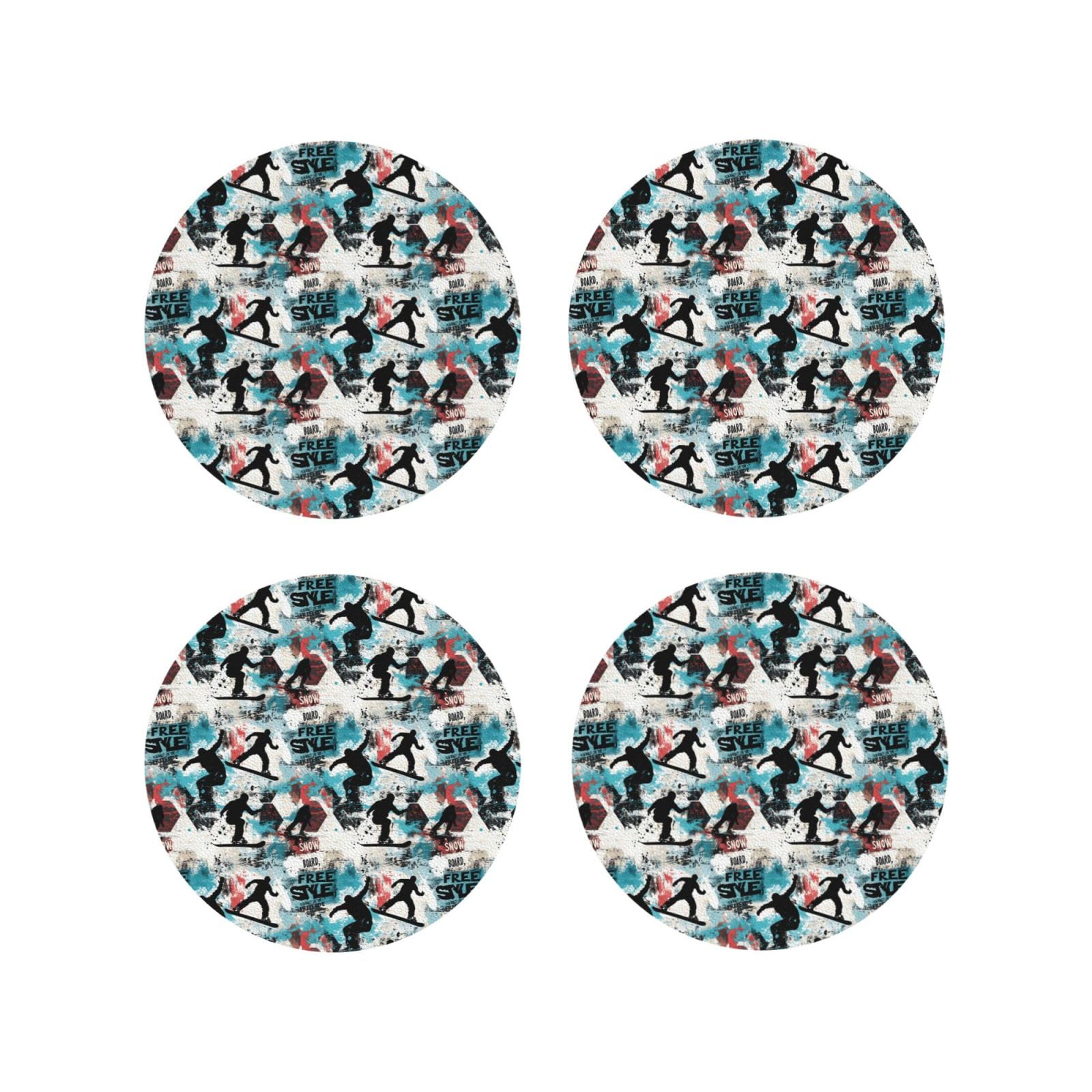 Smazdfxx Women's As Pic Leather Coasters Set Of 4 - Skiing Graffiti Print Lightweight Drink Coasters For Desk