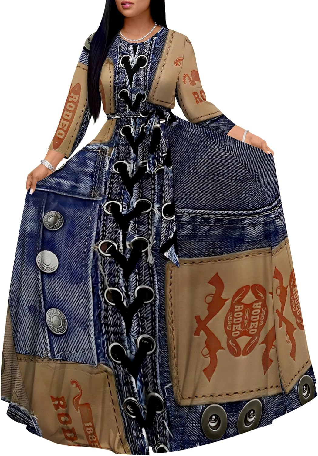 Plus Size Maxi Dresses for Curvy Women Casual 3/4 Sleeve Crewneck Floor Length Floral Print Dress with Belt - Image 2