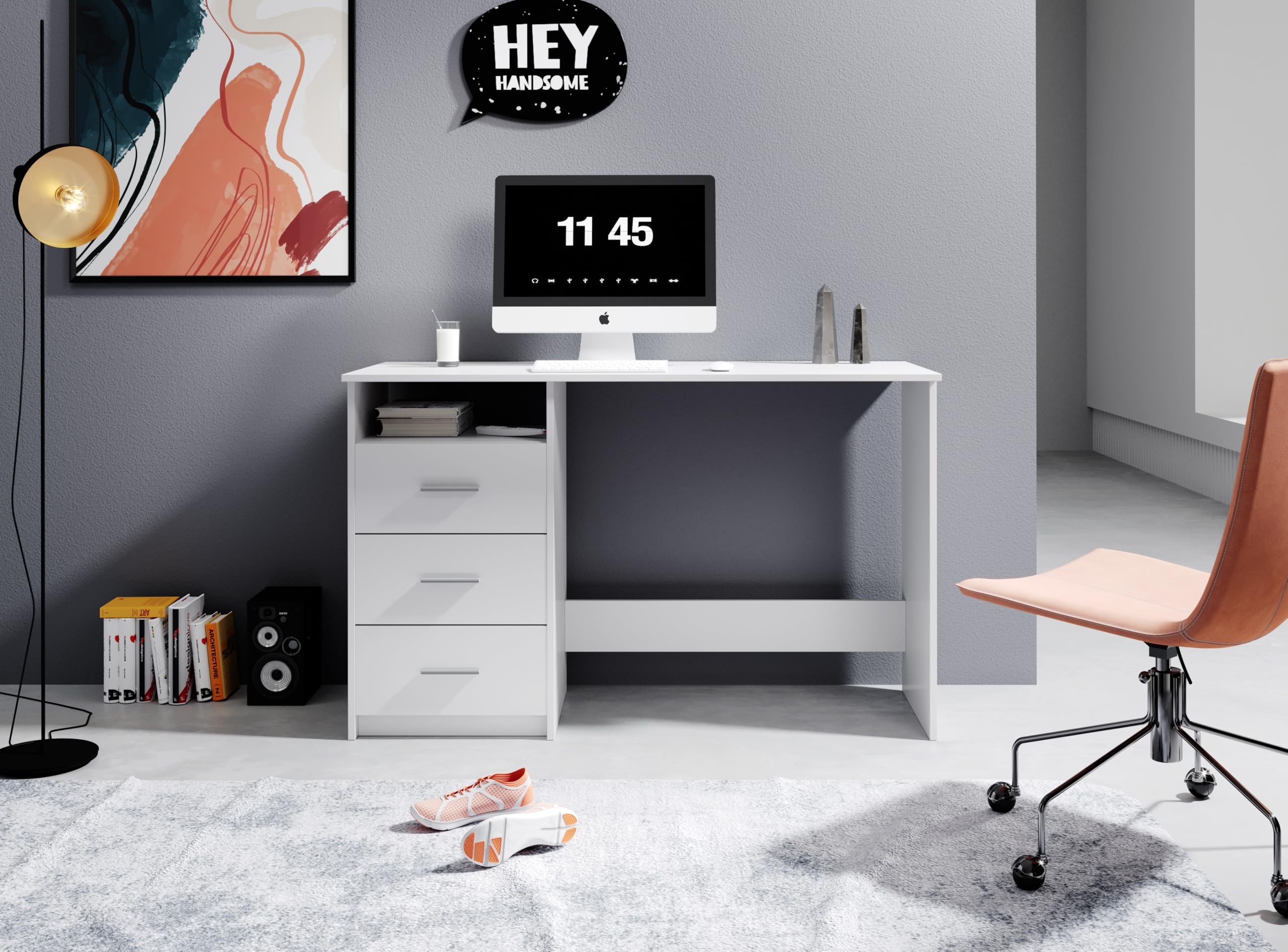 Scrivania con Cassetti 120 cm Bianca 123x50x77 cm | 3 cassetti integrati, ampio piano di lavoro, design moderno, per ufficio, studio e cameretta