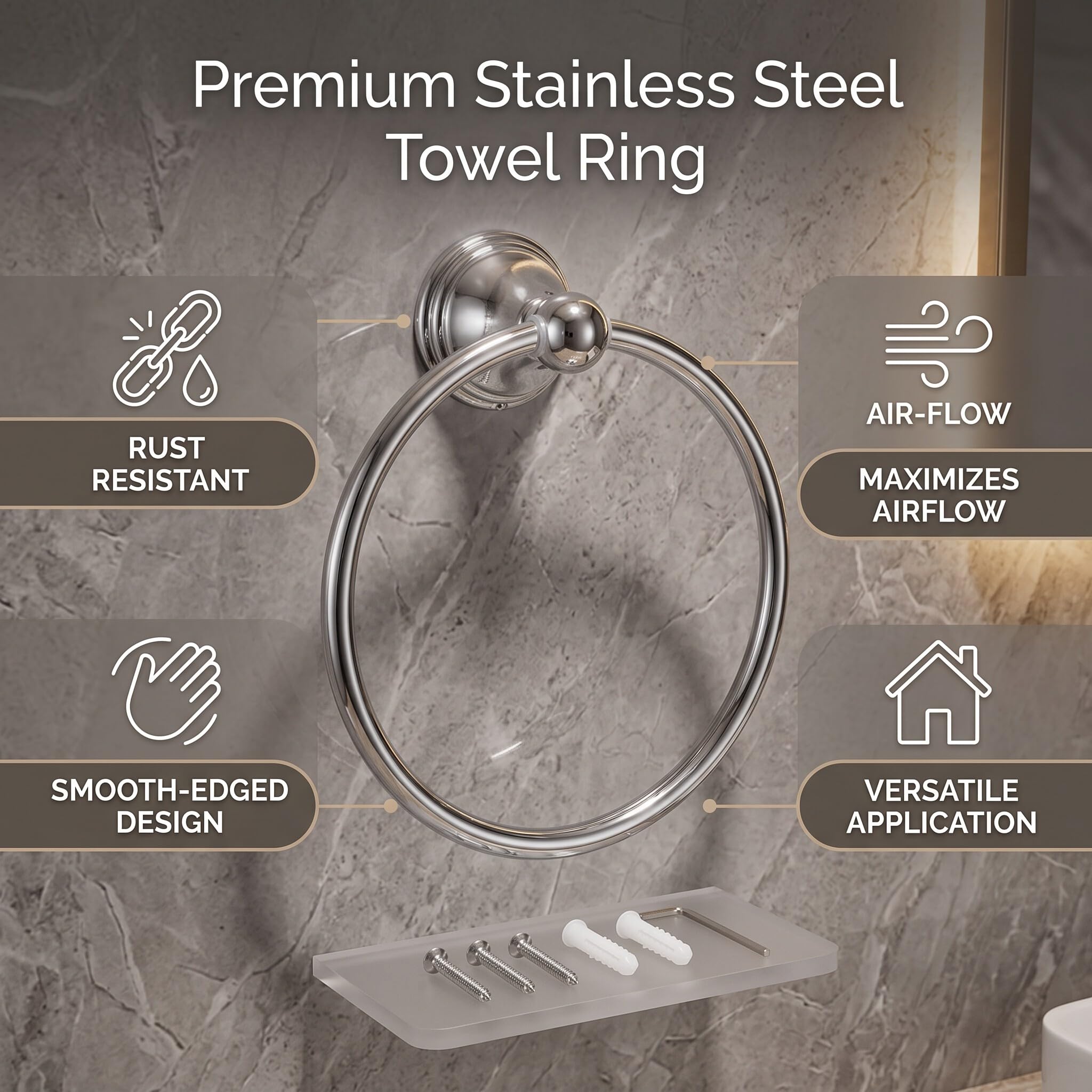 Anneau Porte-Serviettes en Acier Inoxydable, Support Mural de Rétro pour Salle de Bain, Cuisine, Chambre à Coucher (893 Anneau Porte-Serviettes chromé)