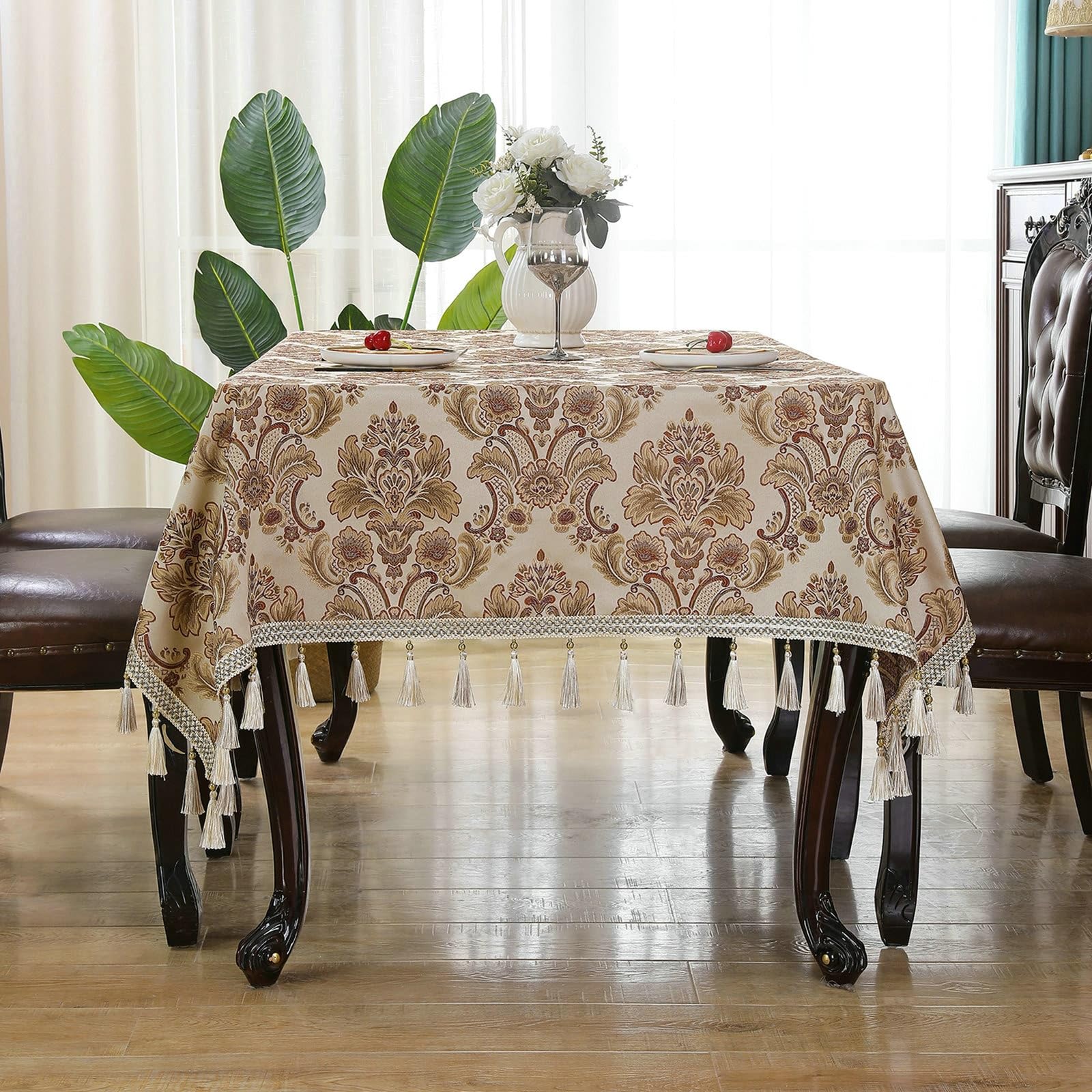 Mantel rectangular beige, diseño de flores, poliéster, 150 x 300 cm
