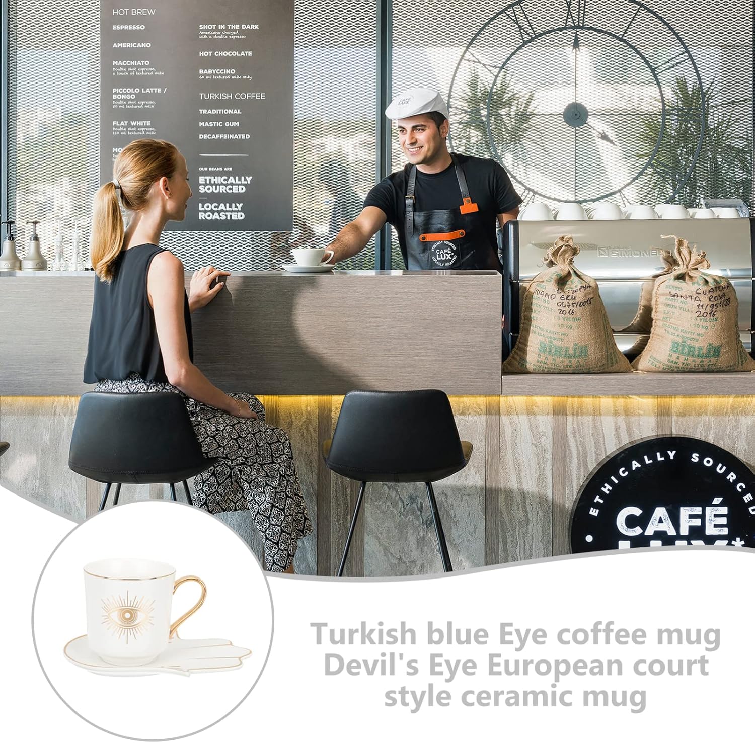 Zerodeko European Style Ceramic Coffee Cup with Tray, White Evil, Espresso Coffee Cups Set Ideal for Home and Office Turkish Arabic Tea Cup Set