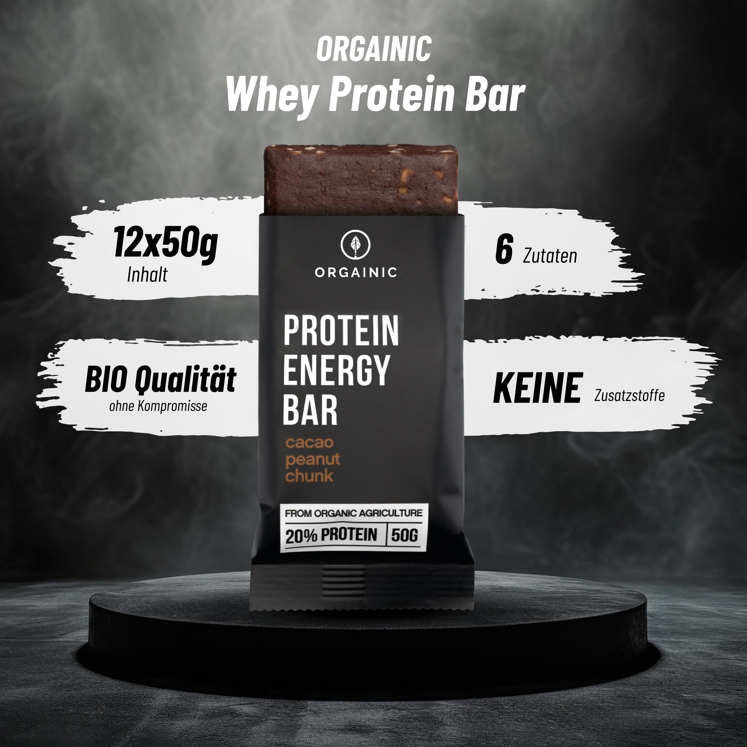 ORGAINIC Bio Protein Riegel Kakao Peanut 12 x 50g - Bio zertifiziert ohne Zusatzstoffe - Premium Proteinriegel mit 6 Zutaten & viel Protein - High Protein Power Bar ohne Süßungsmittel - Eiweißriegel