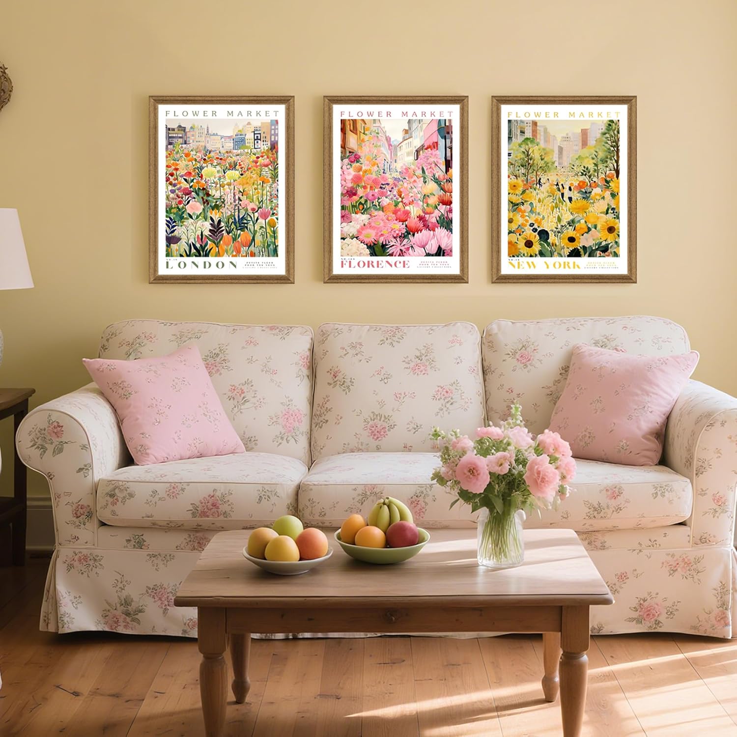 Ovczax Framed Flower Market Wall Art, Colorful Flowers Canvas Wall Decor, Travel Poster Decorative Picture Set - 3 Framed floral wall art, Suitable for Living Room Bedroom Dining Room 16" x 12"