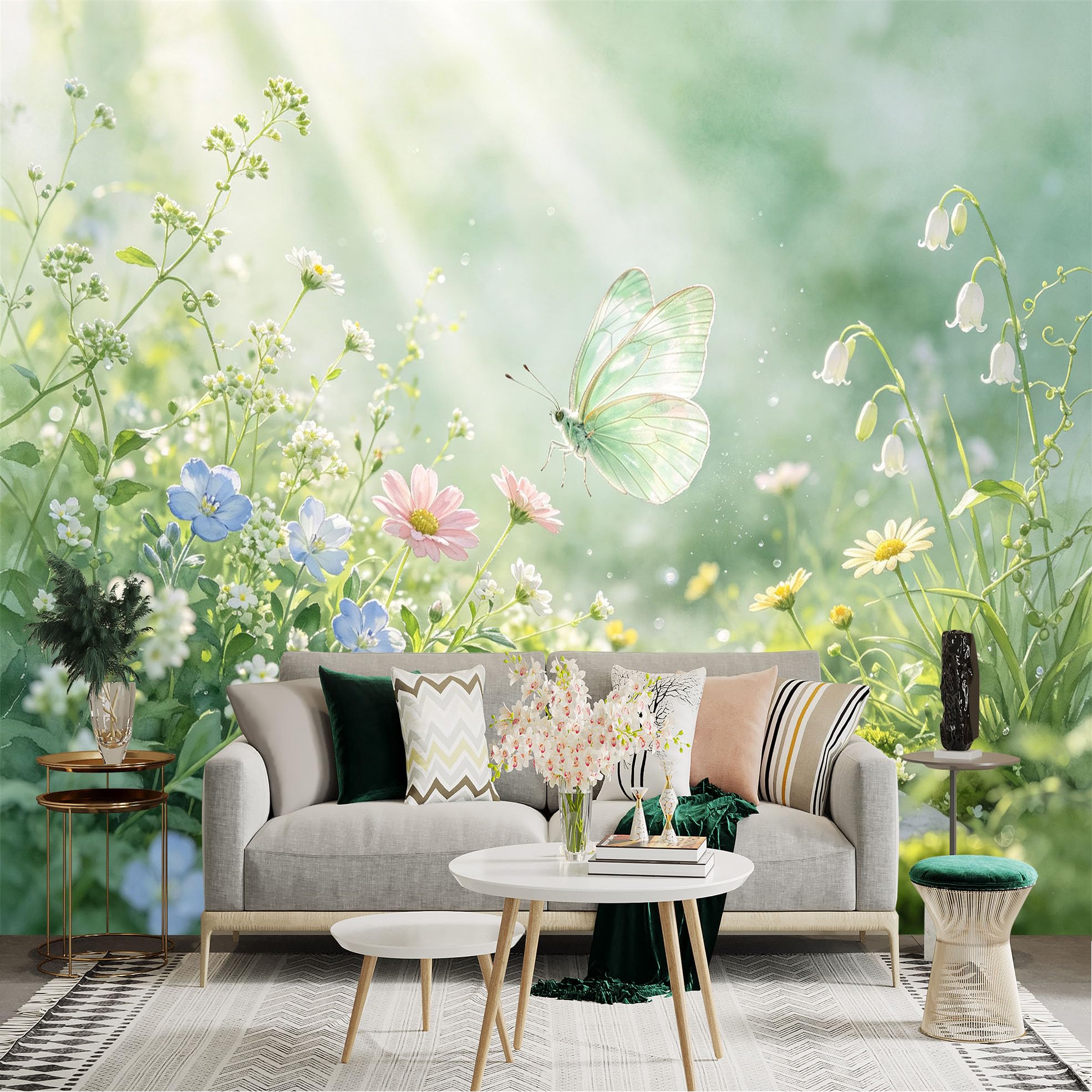 Lnzczhyre Bh260719158 Custom Size Wall Sticker Mural， Green Butterfly， Meadow Flowers， Sunlight And Stones， For Wall Decoration， Peelandstick Wall Decals.