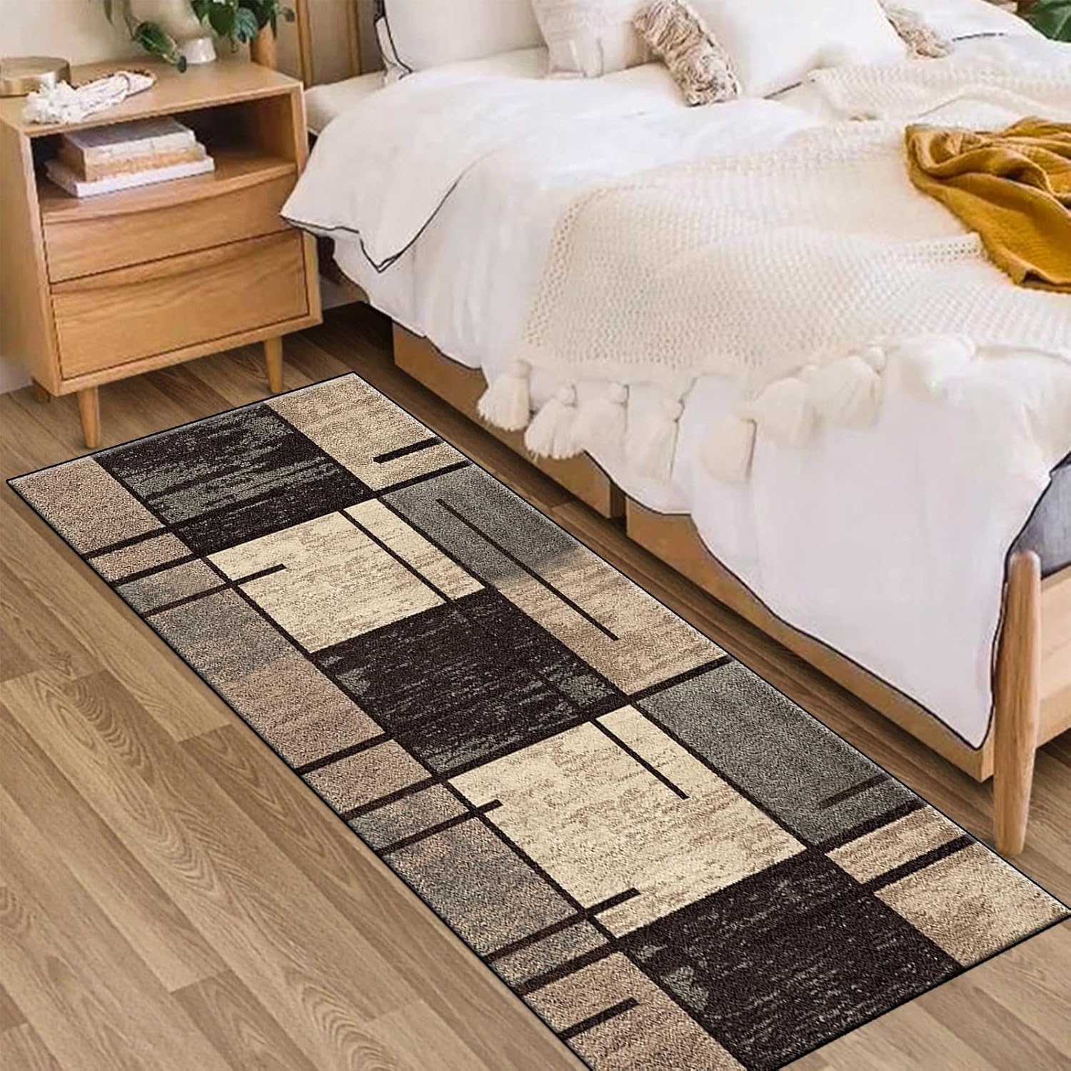 Rug Hallway Runner Rug Washable Kitchen Runner Rugs with Rubber Backing 4'x25' Brown Plaid Vintage Rug for Entryway Indoor, Kitchen, Laundry, Bedroom