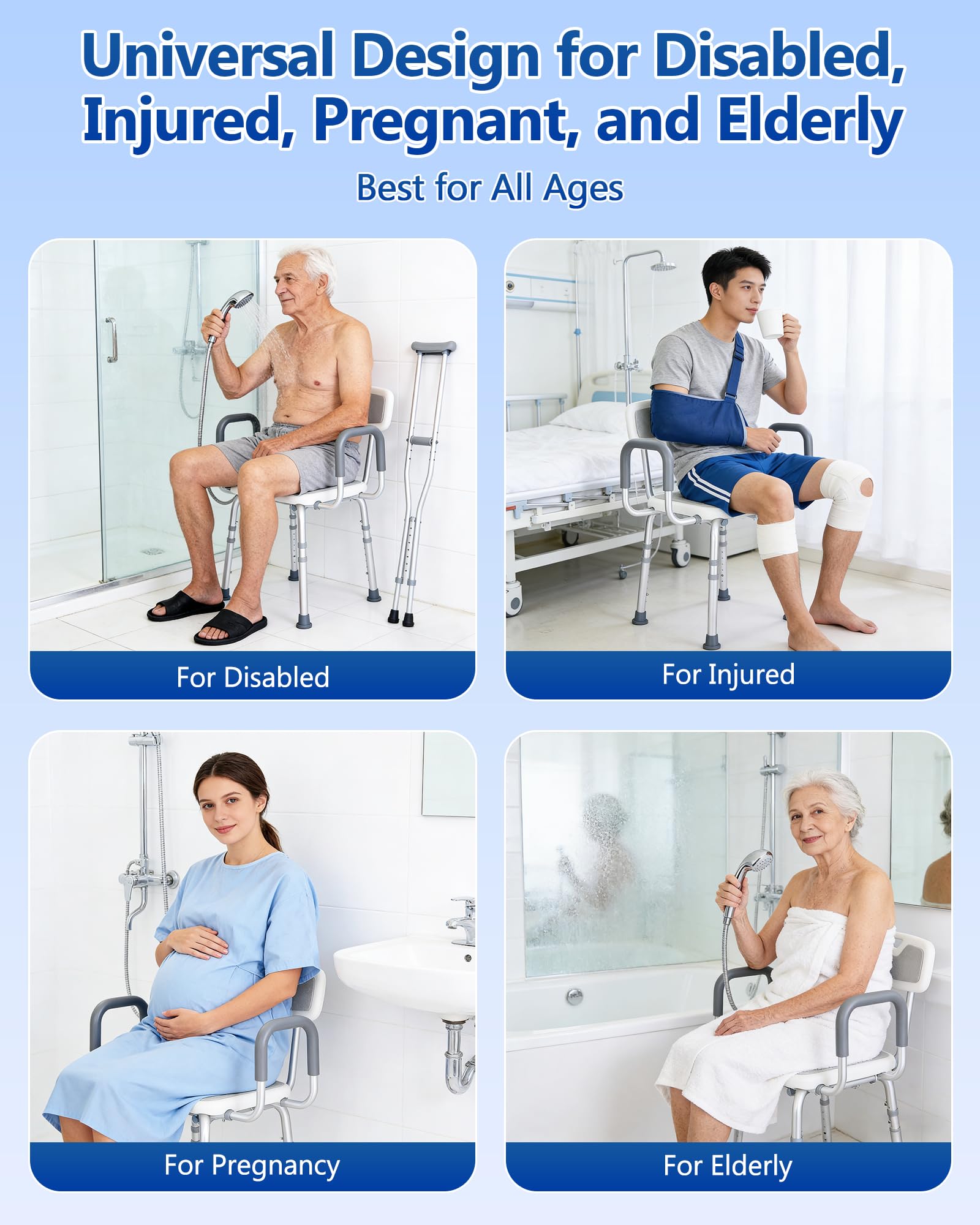 Silla de ducha para ducha interior con respaldo y brazos, silla de baño ajustable para personas mayores, asiento de ducha resistente para bañera interior, taburete de ducha de 330 libras para ancianos