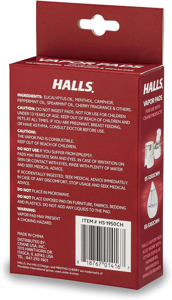 Crane Halls Scented Vapor Pads HSA Eligible Vapor Pads 12 Count Mentho-Cherry Red Up to 8 Hours of Soothing Vapors for Use with Humidifiers, Steam Inhalers & Vaporizers